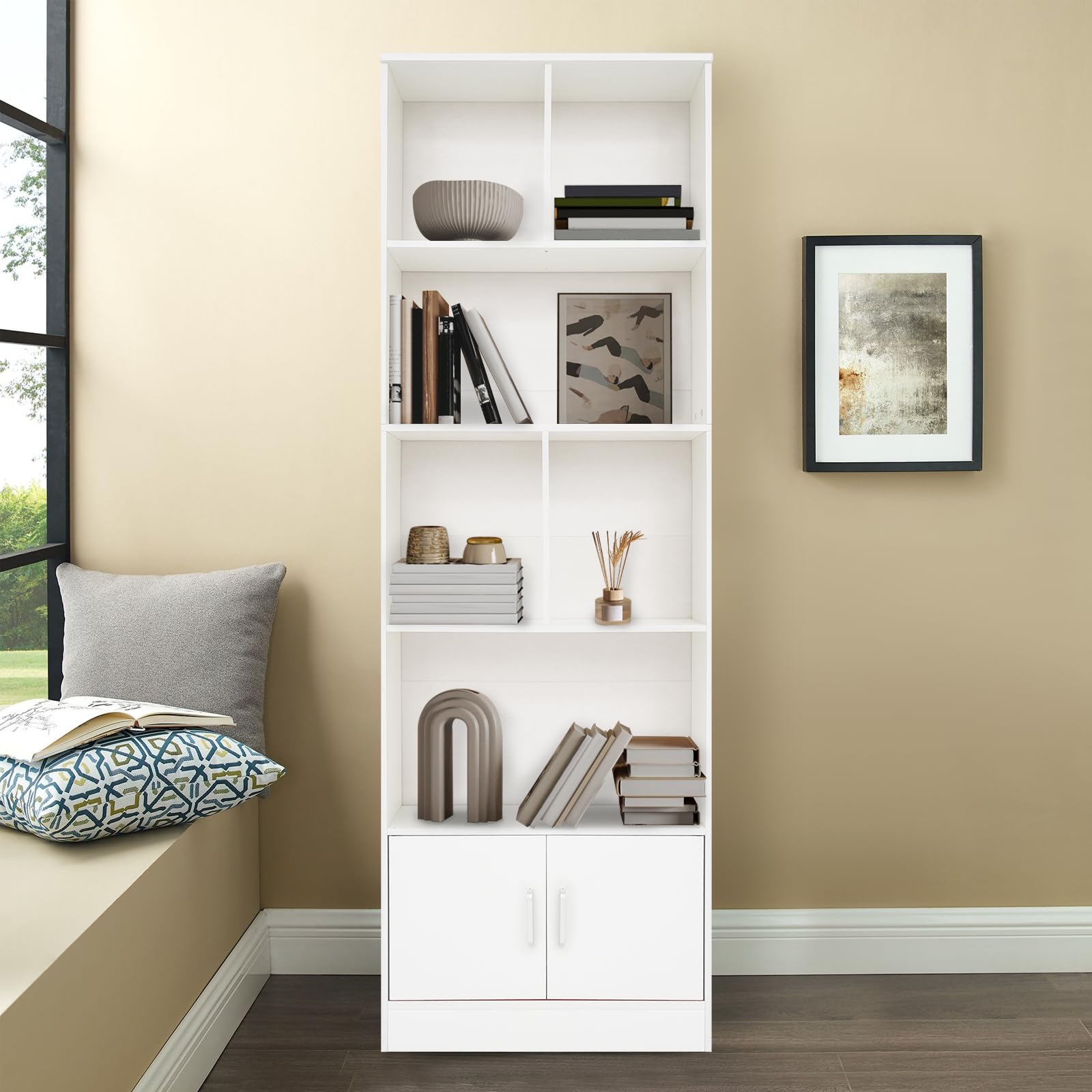 Estantería, estantería con 2 puertas, 6 compartimentos, estantería alta con 5 niveles, estantería escalonada, estantería de pie, para salón, oficina, cocina, 60 x 23 x 178,2 cm, color blanco