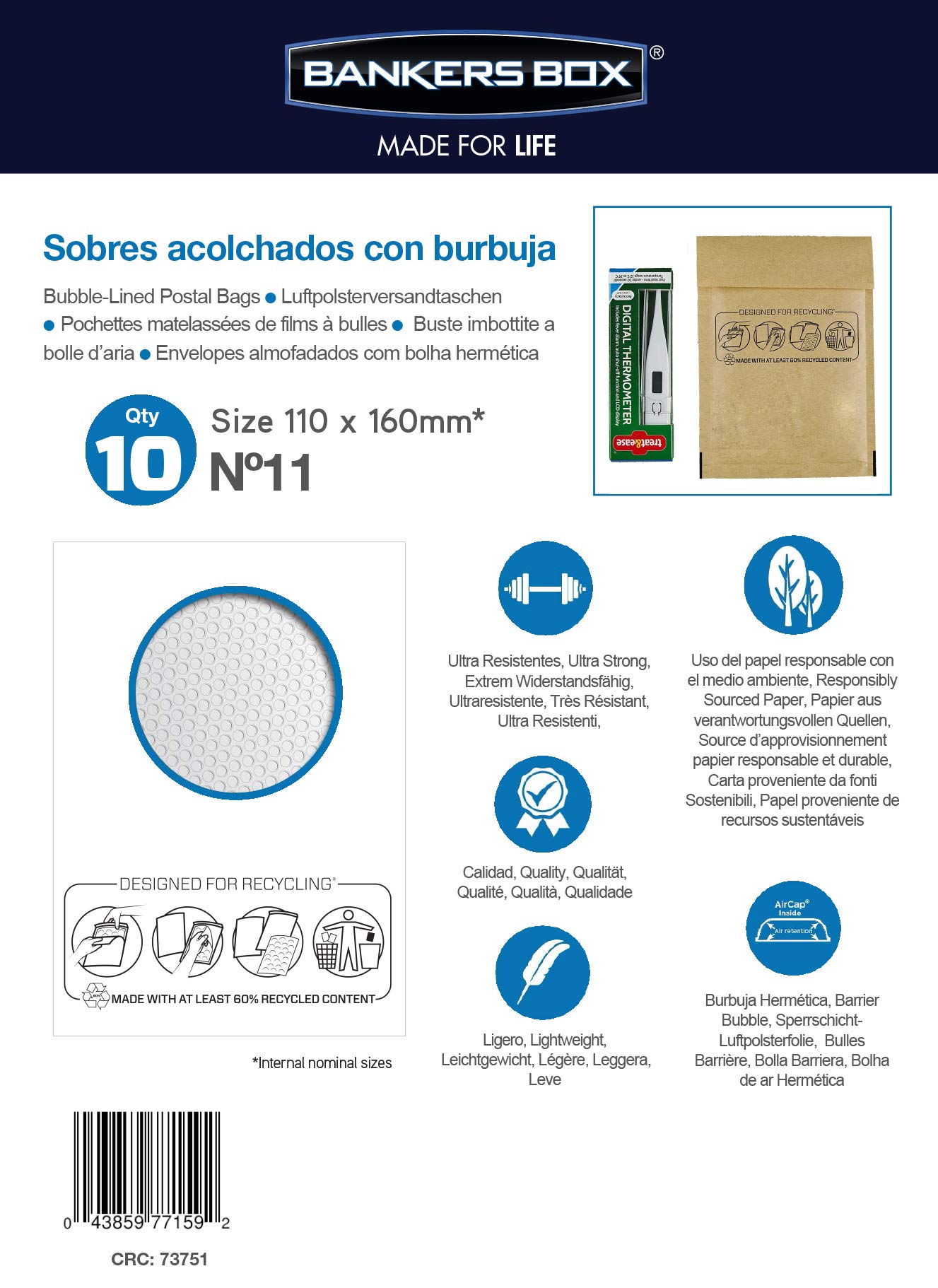 Bankers Box - Sobres y Bolsas Acolchados de Burbuja para Protección y Seguridad en Envíos y Transporte, Cierre Autoadhesivo, Ecológico, color Marrón, 10 Unidades, 110x160 mm (Nº11)