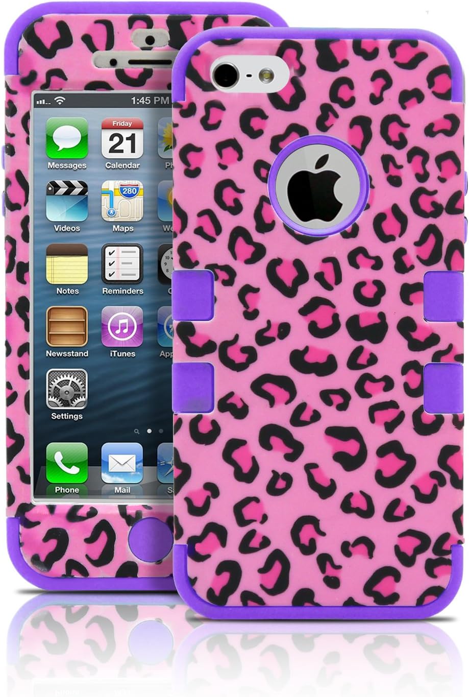 iPhone 5 Case, MagicMobile Hybrid Protective iPhone 5 Case Dual Shockproof Hard Cover Rubber Silicone Rigid Plastic Tough Armor Impact Resistant Heavy Duty Case for iPhone 5 [ Hot Pink Leopard Design Pattern - Purple ]