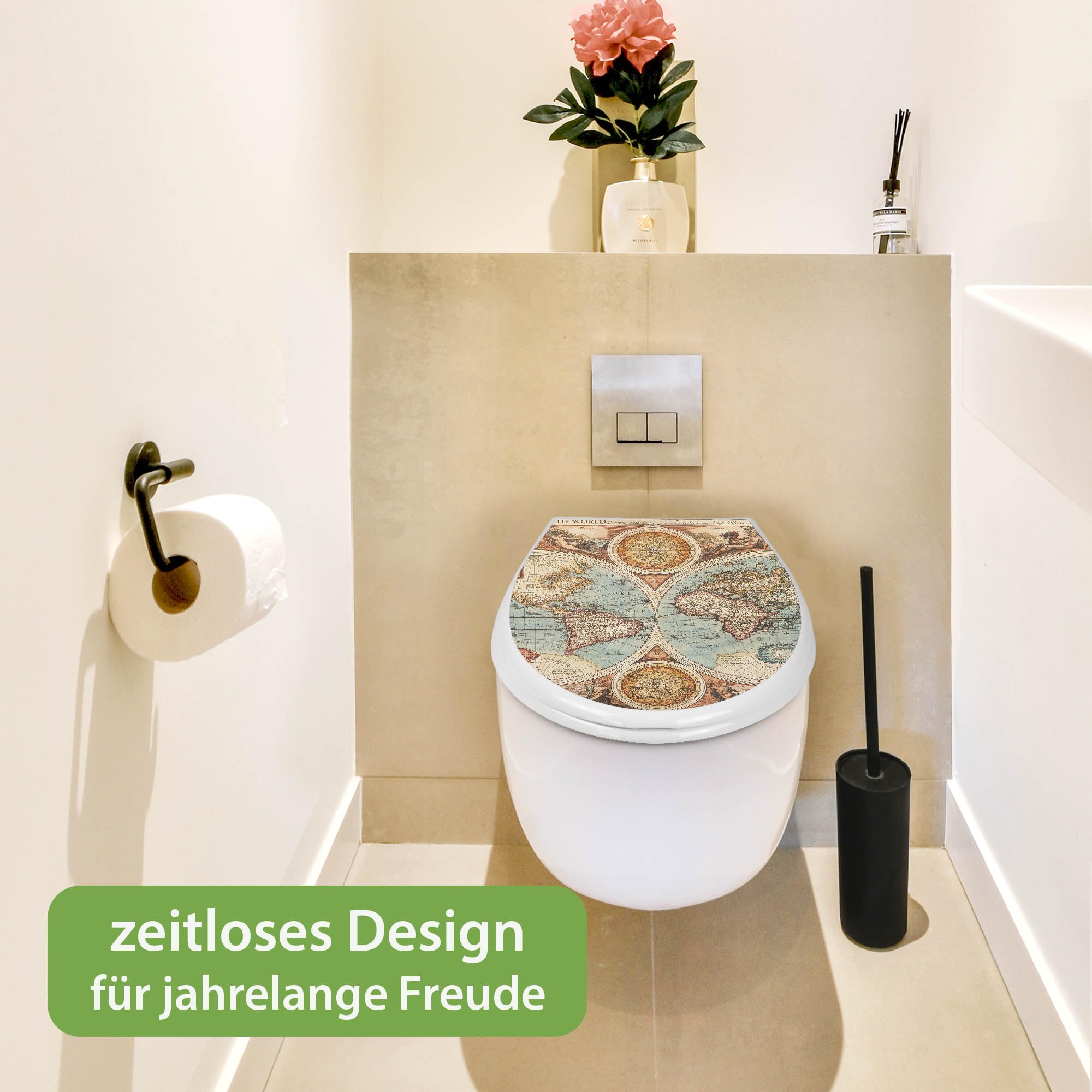 banjado Familien WC Sitz mit Absenkautomatik 44,9x37,1cm - Klobrille mit Kindersitz aus hochwertigem Polypropylen - Toilettendeckel mit Kinder Toilettensitz integriert - Motiv Historische Weltkarte