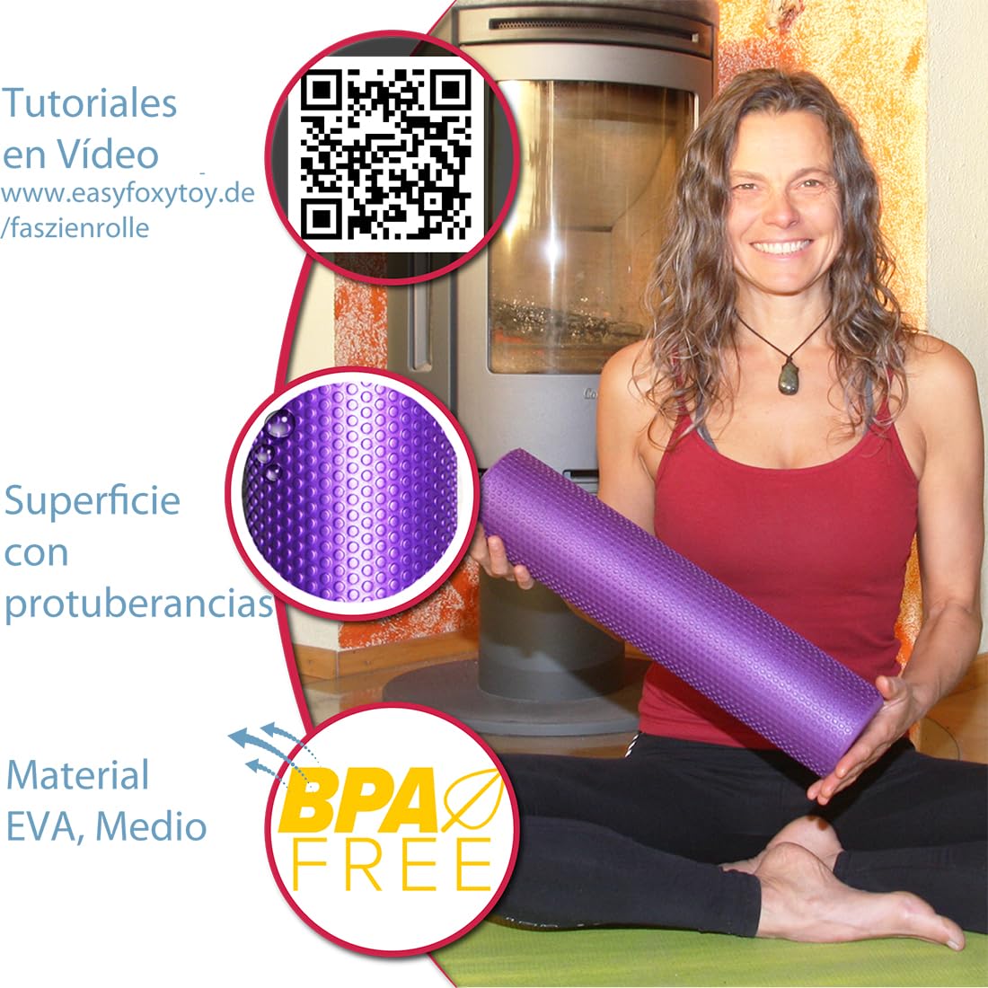 Foam Roller de Espuma EVA para Fascia Trigger Point; Rodillo masaje muscular Ø9.5cm x43cm violeta; Rulo para Estirar Espalda Neck e Pilates; Rollo Cilindro automasaje