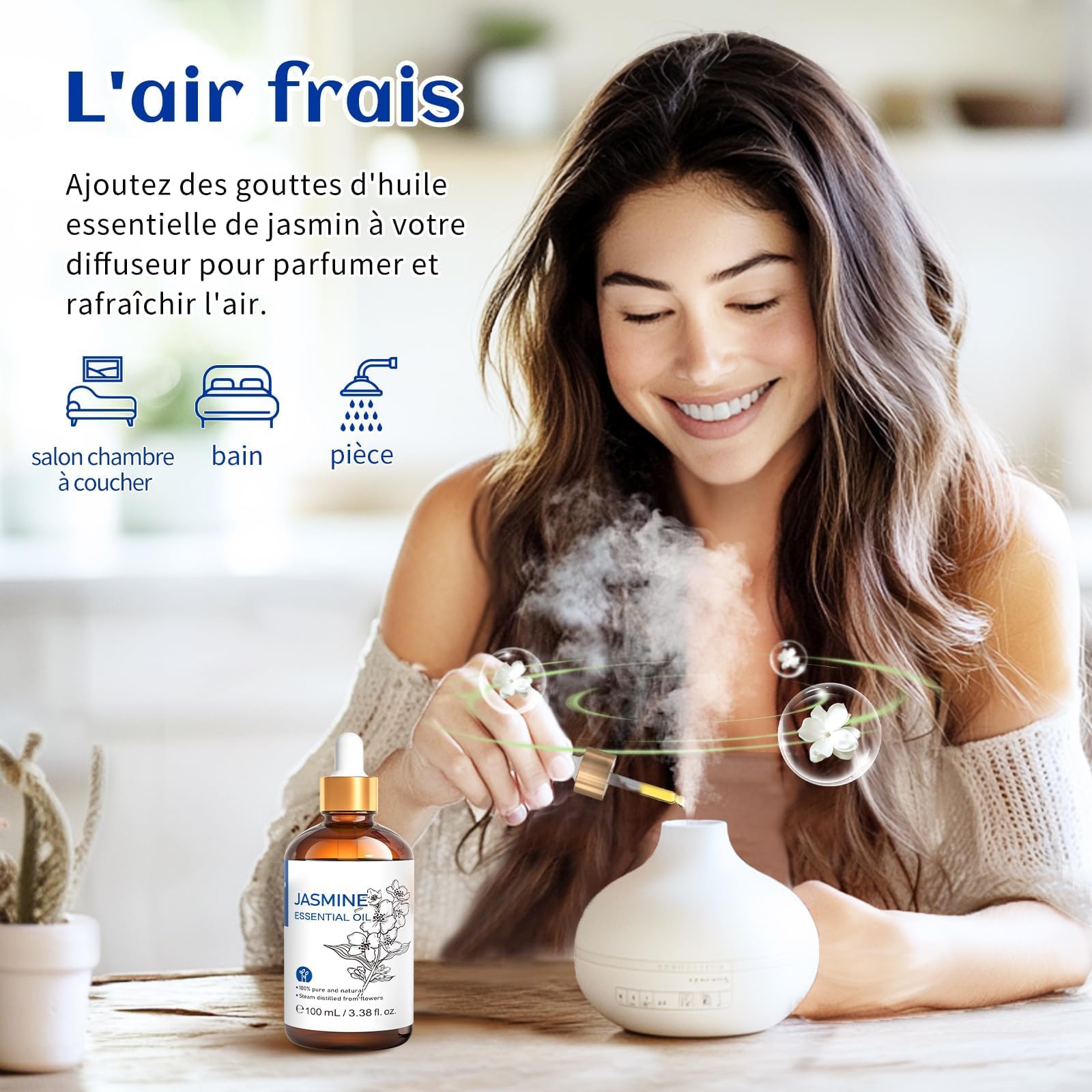 HIQILI Olio Essenziale di Gelsomino, Olio di Gelsomino Puro e Naturale per Diffusori, Profumi, Shampoo, Aromaterapia