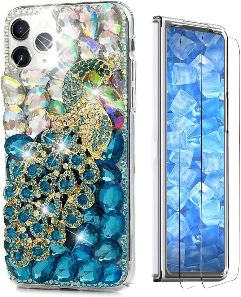 Glitter Phone Case Compatible with Samsung Galaxy Z Fold 3 5G - 3D Luxury Girls Women Shiny Design Handcrafted Cover with Screen Protector (2 Pack Front) - Bling&Blue Peacock