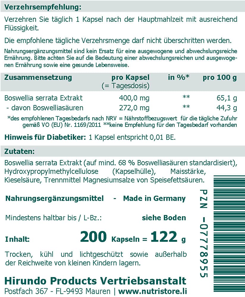 The Nutri Store - Weihrauch Extrakt 400 mg - 200 Kapseln - Boswellia serrata mind. 68% Boswelliasäuren - Vegan - Made in Germany