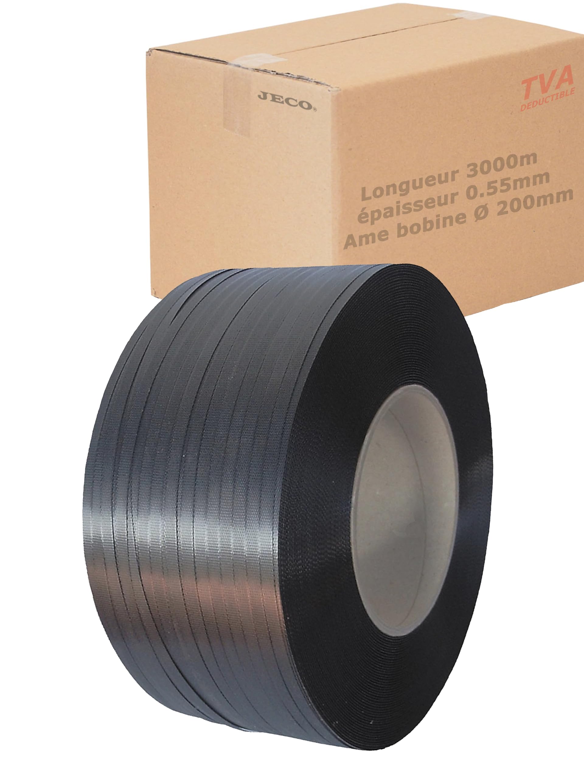Bobine Feuillard PP Polypropylène Noir 12mm X 0.55mm X 3000m – Résistance 120 Kg – Idéal Cerclage Manuel Ou Machine – Ame 200mm