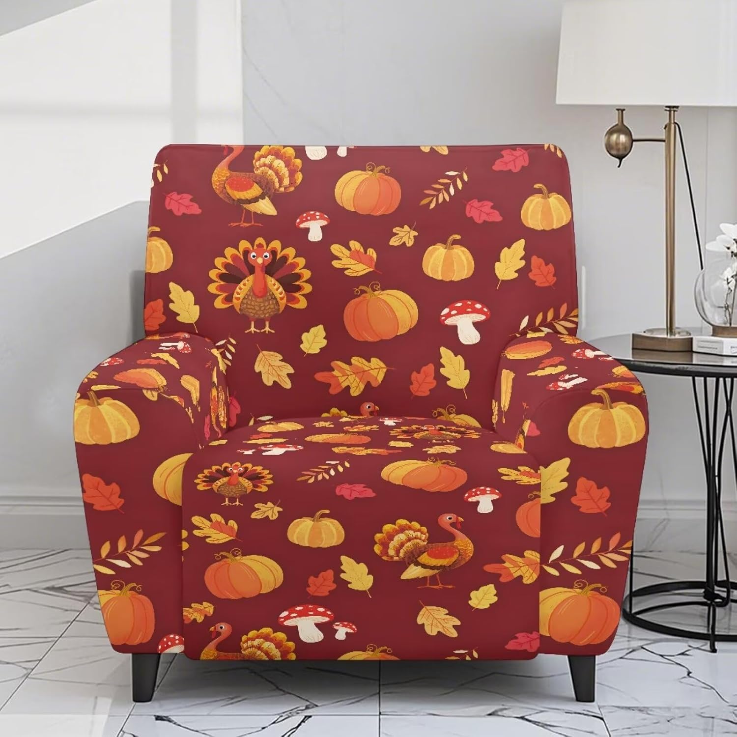 FOR U DESIGNS Turkey Pumpkin Mushroom Leaf Recliner Furniture Covers 4-Piece Stretch Set Non Slip Reclining Sofa Protector with Convenient Pockets Easy Install Washable Cover for Daily Use