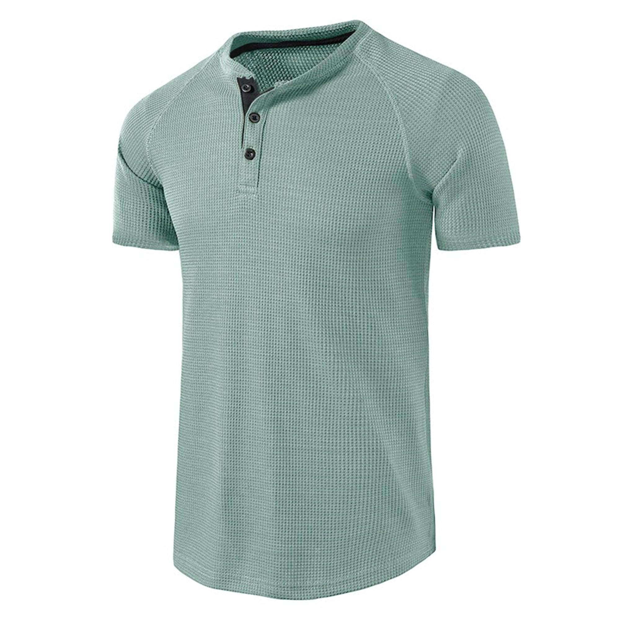 Men Round Neck Short Sleeve Henry Shirt Quarter Button Waffle T Shirt Summer Classic Solid Comfortable Pullover (Blue,Large)