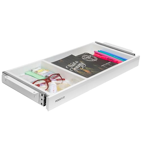 Mount-It! Under Desk Storage Drawer - Shallow Under Desk Drawer Organizer - Standing Workstation Storage Attachment - 20.7" Width Under Table Counter Pull Out Compartment - White