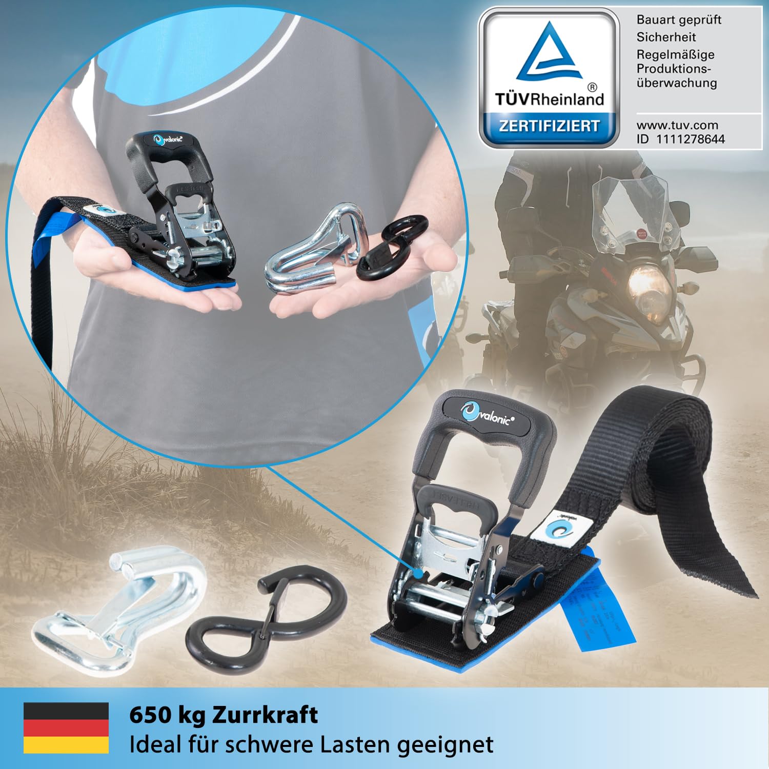valonic PANTHER - 2x Motorrad Spanngurte mit Haken, 2,25m, blaue Fahne, 38mm, mit Polster, 650/1300 Kg, TÜV Rheinl. / GS zertifiziert, EN 12195-2 - sehr kurzer Spannweg, Motorradhalterung für Anhänger