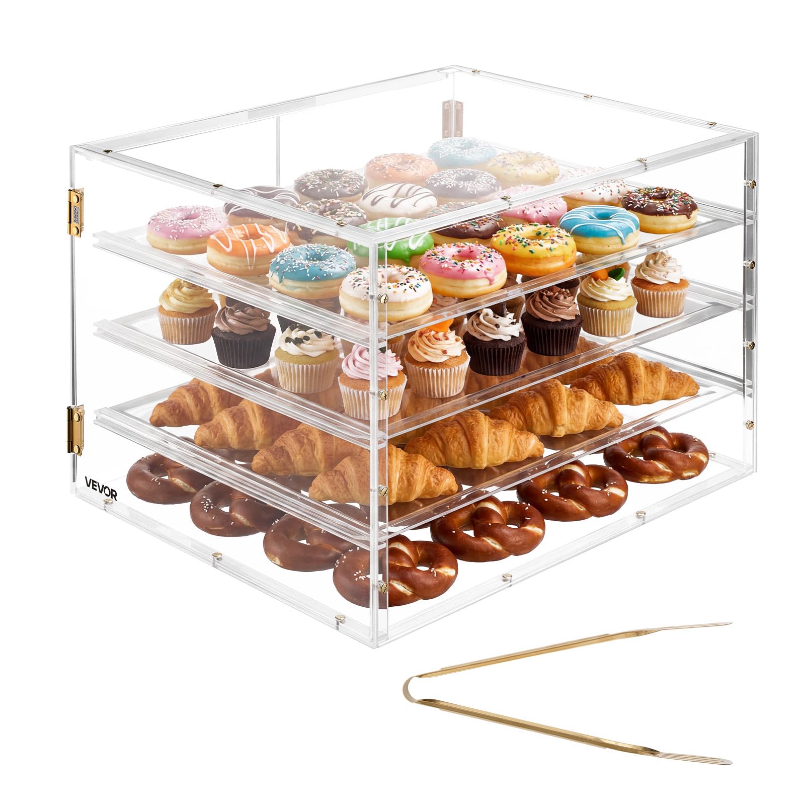 VEVOR Vetrina per Pasticceria da Banco, Espositore Vetrina per Pasticceria Commerciale a 4 Ripiani, Portapane in Acrilico Trasparente per Cucina Torte con Porta Posteriore Magnetica per Biscotti