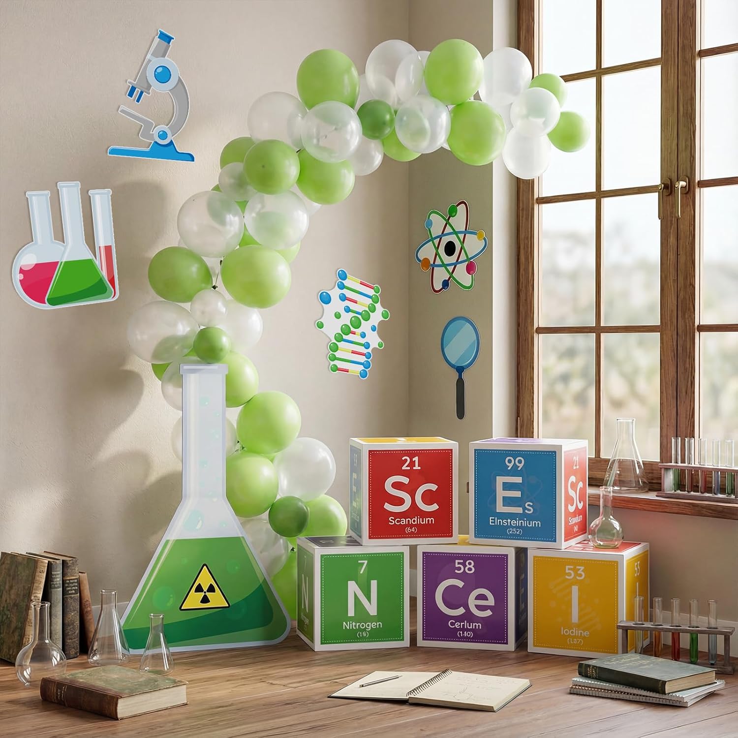 Kosiz Green Clear Color 61 Pcs Science Party Decorations Kit Scientist Birthday Party Supplies with 12 Inches Science Favors Boxes Chemistry Laboratory Erlenmeyer Flask Prop Sign for Lab Week Stem