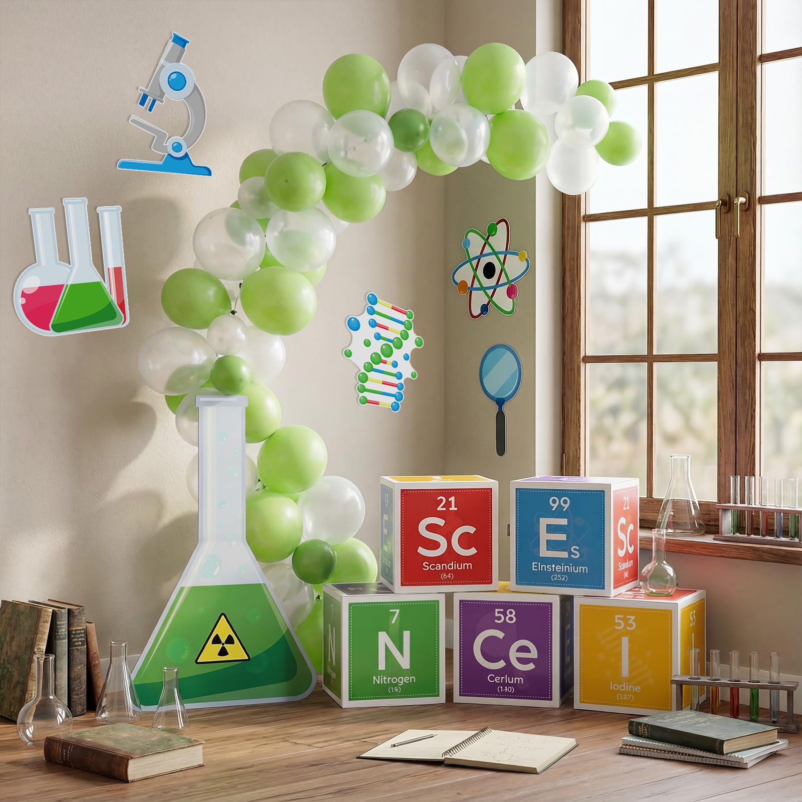 Kosiz Kit di decorazioni per feste scientifiche da 30,5 cm, per feste di compleanno, con scatole da 30,5 cm, per laboratorio di chimica, fiaschetta, per compleanno, scienziato, laboratorio, settimana