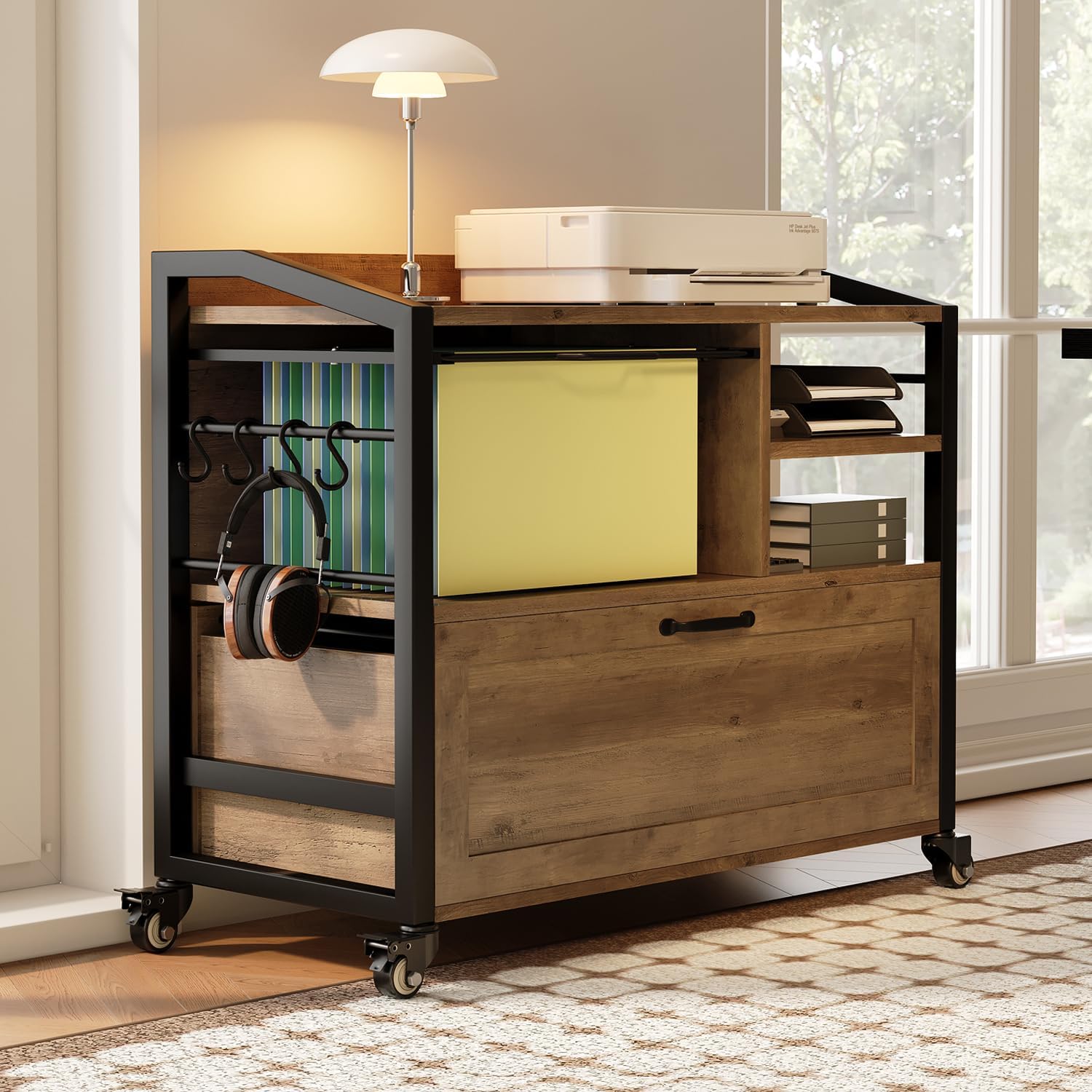 HSH Mobile Lateral File Cabinet with Drawer, Rolling Filing Cabinet for Legal Letter Size, Printer Stand with Storage Shelf, Lockable Wheels, Hanging File Organizer for Home Office, Rustic Oak, 33Inch