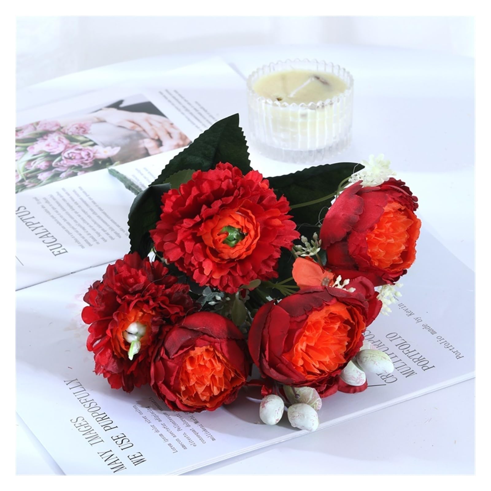 Gv8pA5fj7b Ready Arranged Flowers in Vase White Silk Rose Artificial Flowers Bouquet Wedding Home Decoration Fake Peony Flower Arrangement(F)