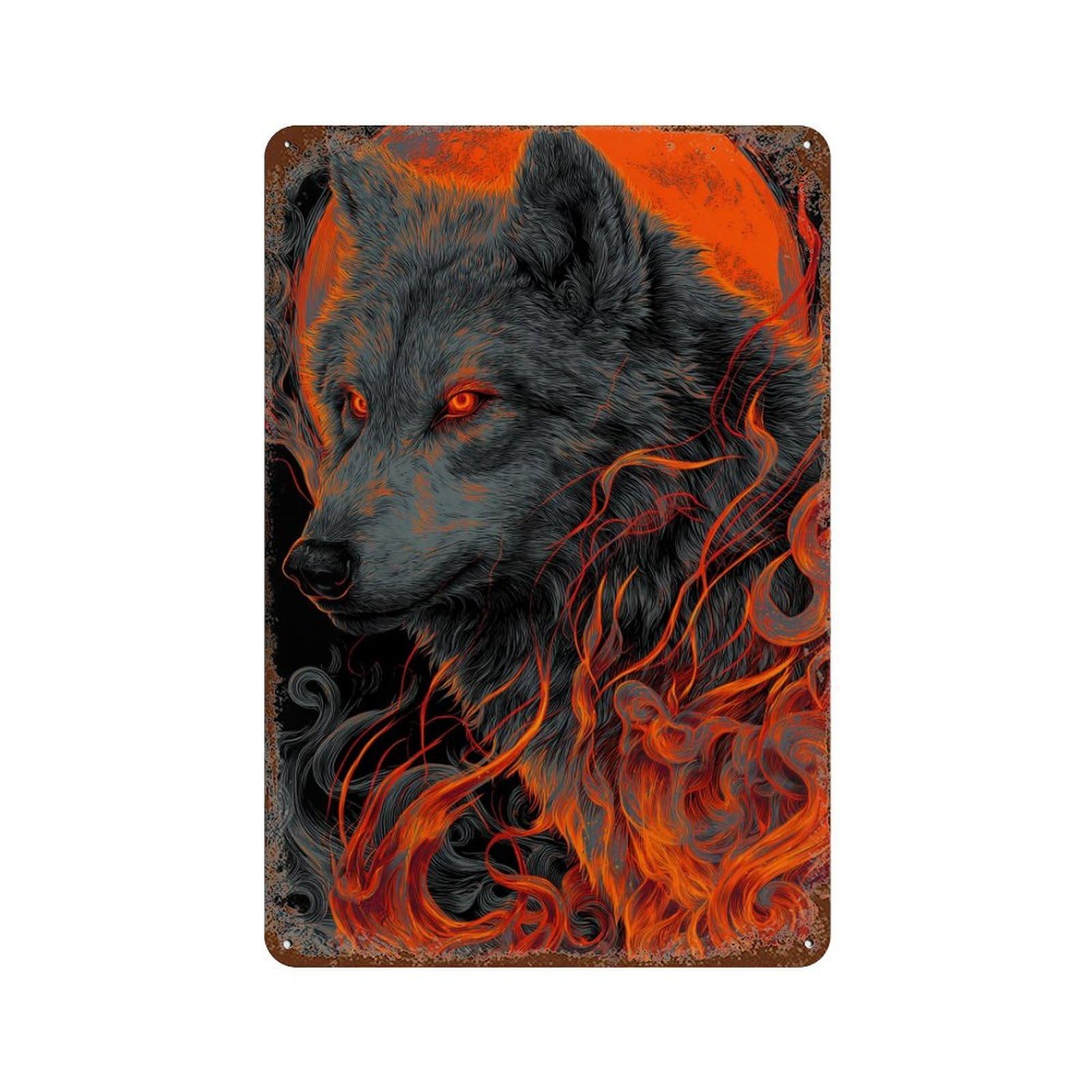 Distressed Metal Wall Sign Flaming Wolf Art Print 11.8"x7.9", Old School Wall Decor for Bistro, Counter And Cafe Decor