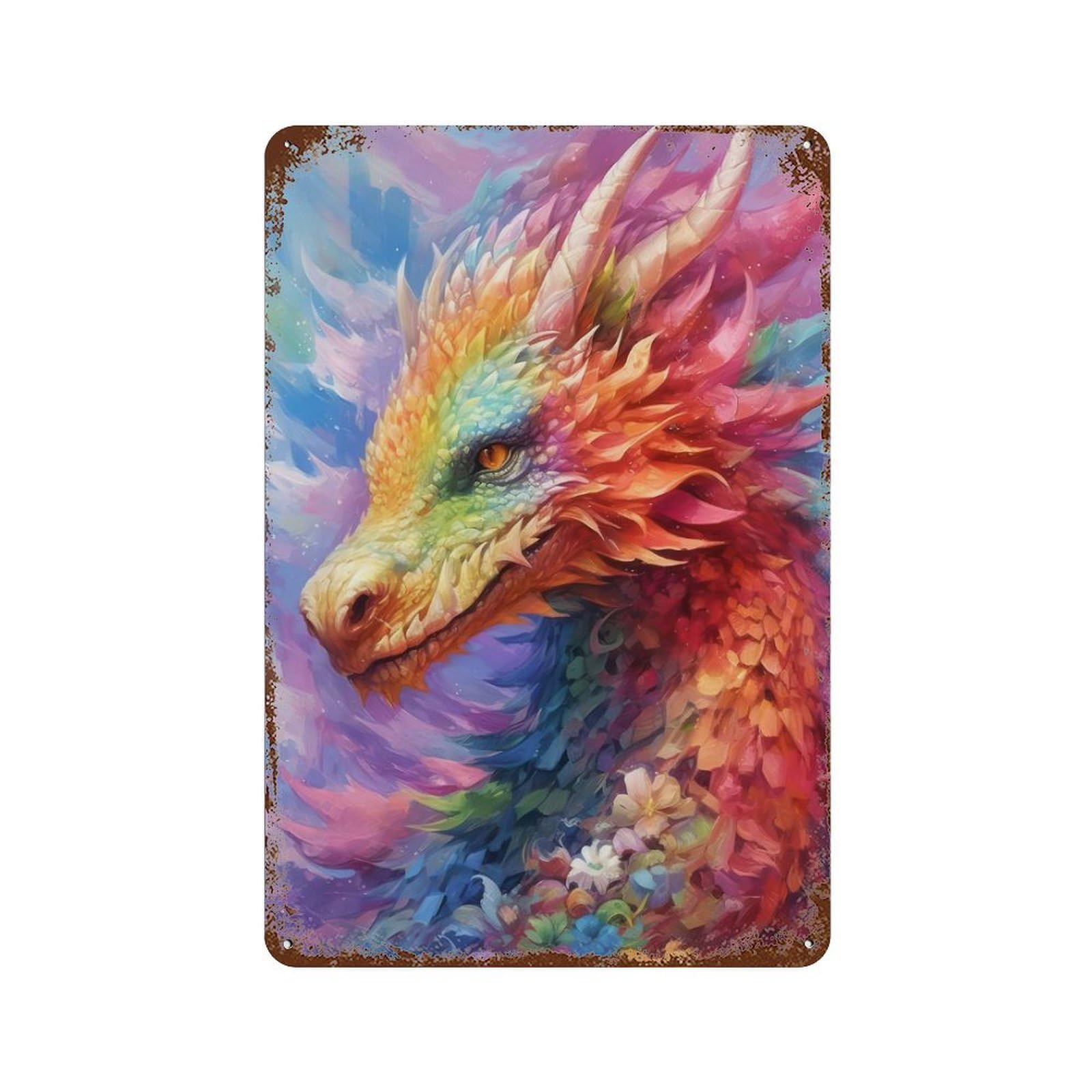 Rainbow Flower Dragon 11.8"x7.9" Distressed Metal Wall Sign, Shabby Chic Decor for Shed, Workshop And Garage Wall Decor