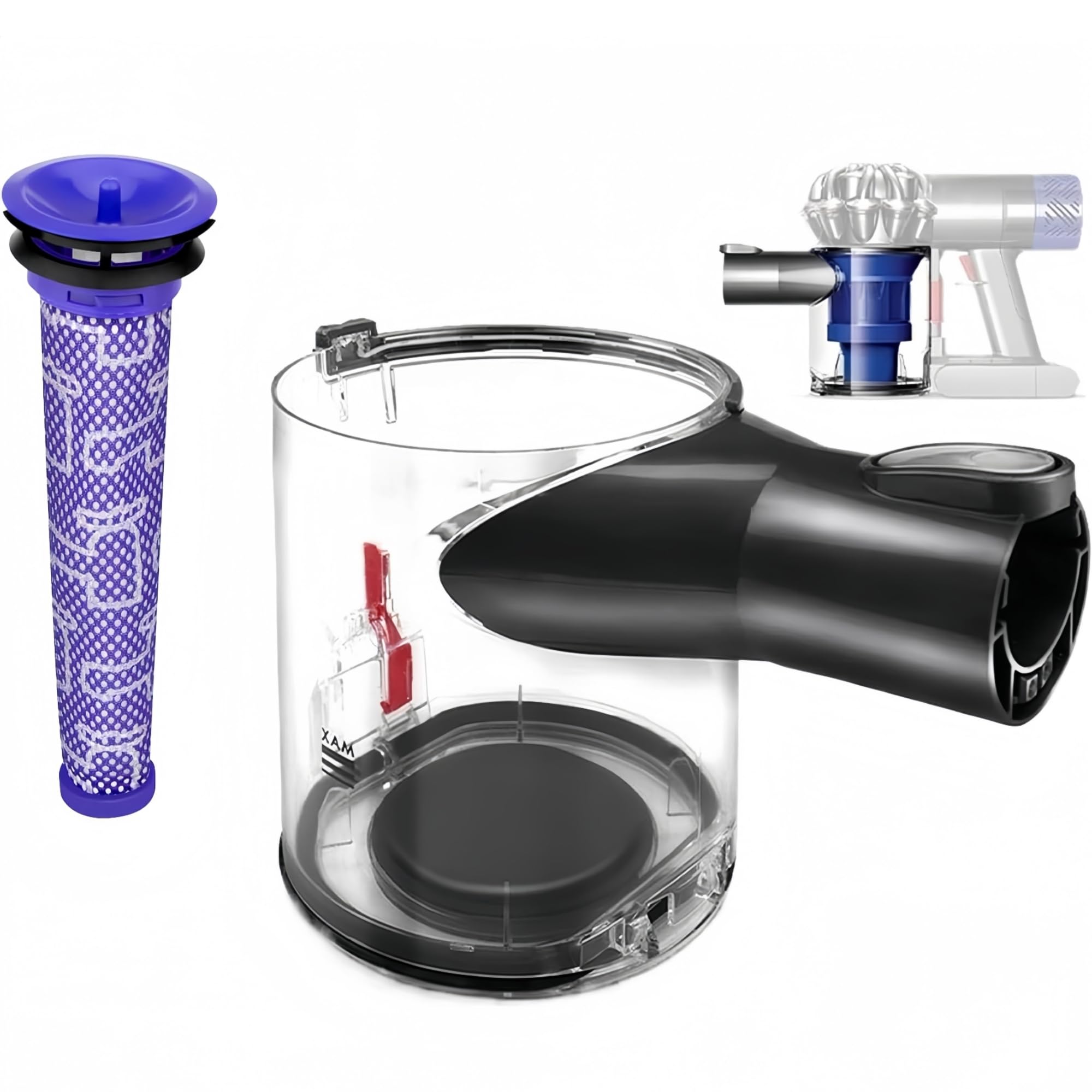 Dust Bin Replacement for Dyson V6 DC58 DC59 DC61 DC62 DC72 DC74 Vacuum Cleaners | V6 Dustbin Spare with Filter | Fits Dyson V6 Animal, Fluffy, Top Dog (Interface A/B, Not C) (965660-01)