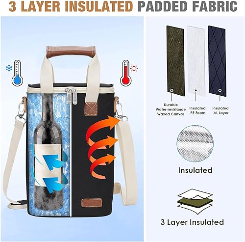 Miniatura 3 de Bolsa de vino para 2 botellas, lona encerada aislada acolchada para viajes, fiestas, playa, deshierbe, el mejor regalo para los amantes del vino,