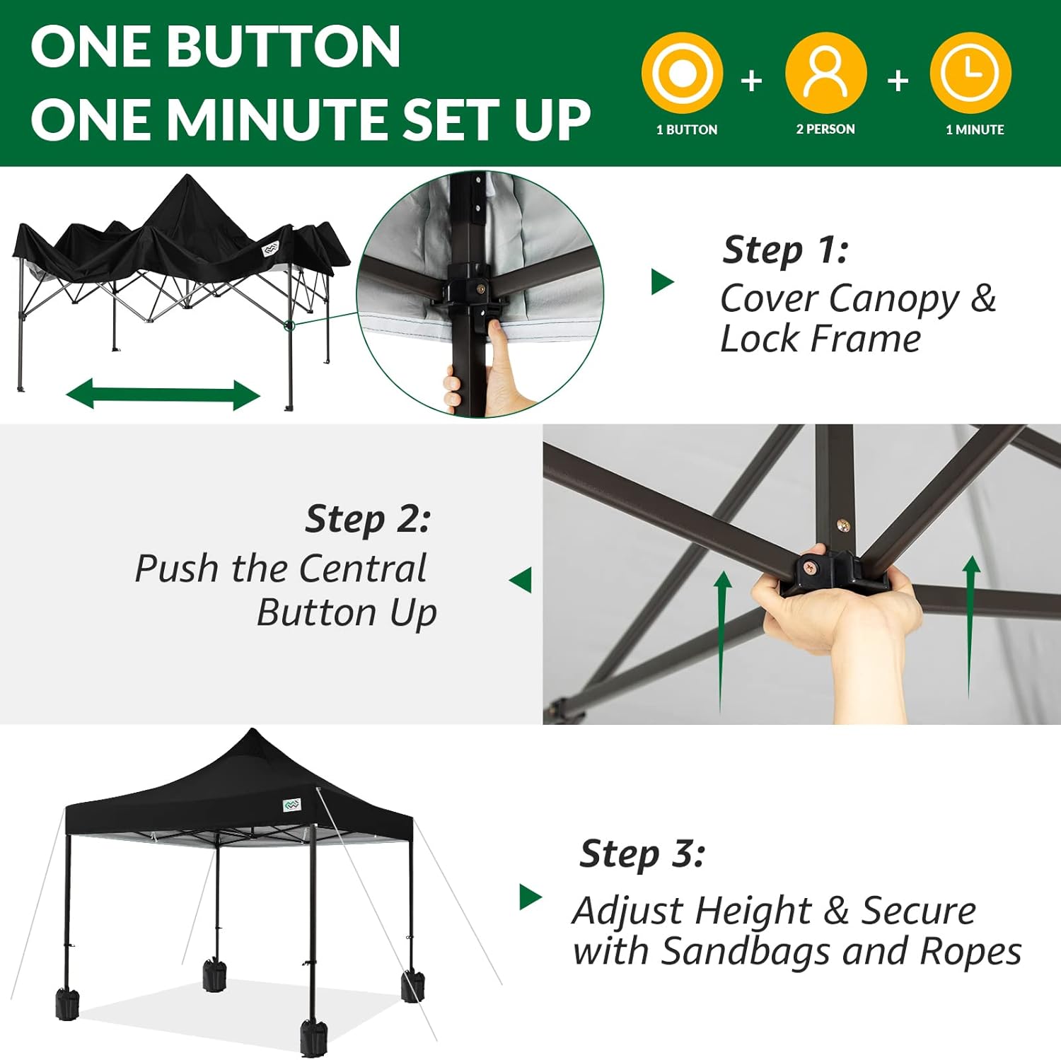 MEWAY Upgraded Pop Up Tent Canopy 10x10FT, Heavy Duty Outdoor Canopy with Roller Bag,4 Sand Bags, Black