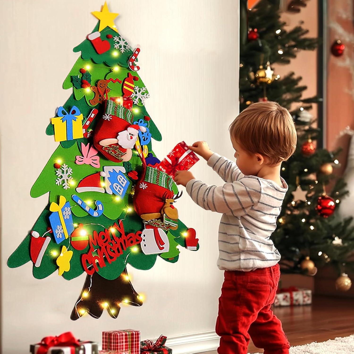 BABORUI Felt Christmas Tree for Toddlers with Christmas Stockings, Xmas Wall Hanging Ornaments Decorations kit with String Lights for Kids to Decorate, Interactive DIY for Childrens BABORUI Felt Christmas Tree for Toddlers with Christmas Stockings, Xmas Wall Hanging Ornaments Decorations kit with String Lights for Kids to Decorate, Interactive DIY for Childrens