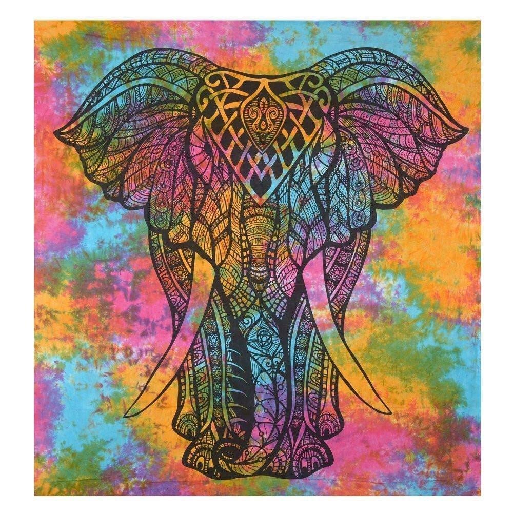 ART WORLD Elephant Face Tapestry Single Bedsheet Bedspread Bedding Bedcover Psychedelic Boho Tie Dye Printed Wall Hanging Decoration (Multi Color, Twin)-image-43
