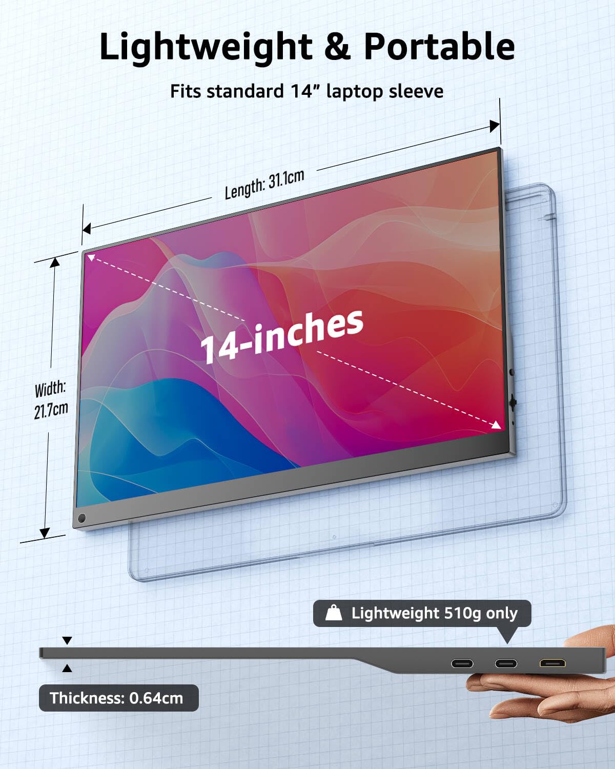 Yodoit Monitor Portatile 14" 100% sRGB Display IPS FHD 1920x1200P | Secondo Schermo Esterno per laptop con Connettività USB-C e HDMI, con Altoparlanti e Custodia, Compatibile con PC, Mac, PS e Xbox