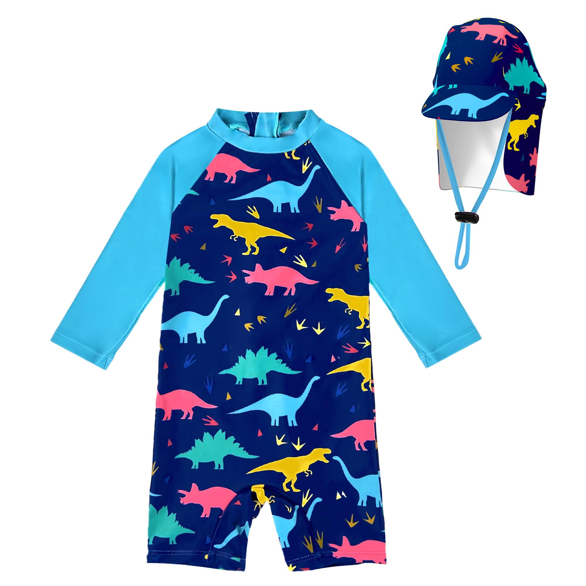 weVSwe Toddler Boy Swimsuit Long Sleeve Swimsuit SPF Newborn Swimwear Set with Summer Hat Lightweight Beachwear Blue Dinosaur 12-18 Months