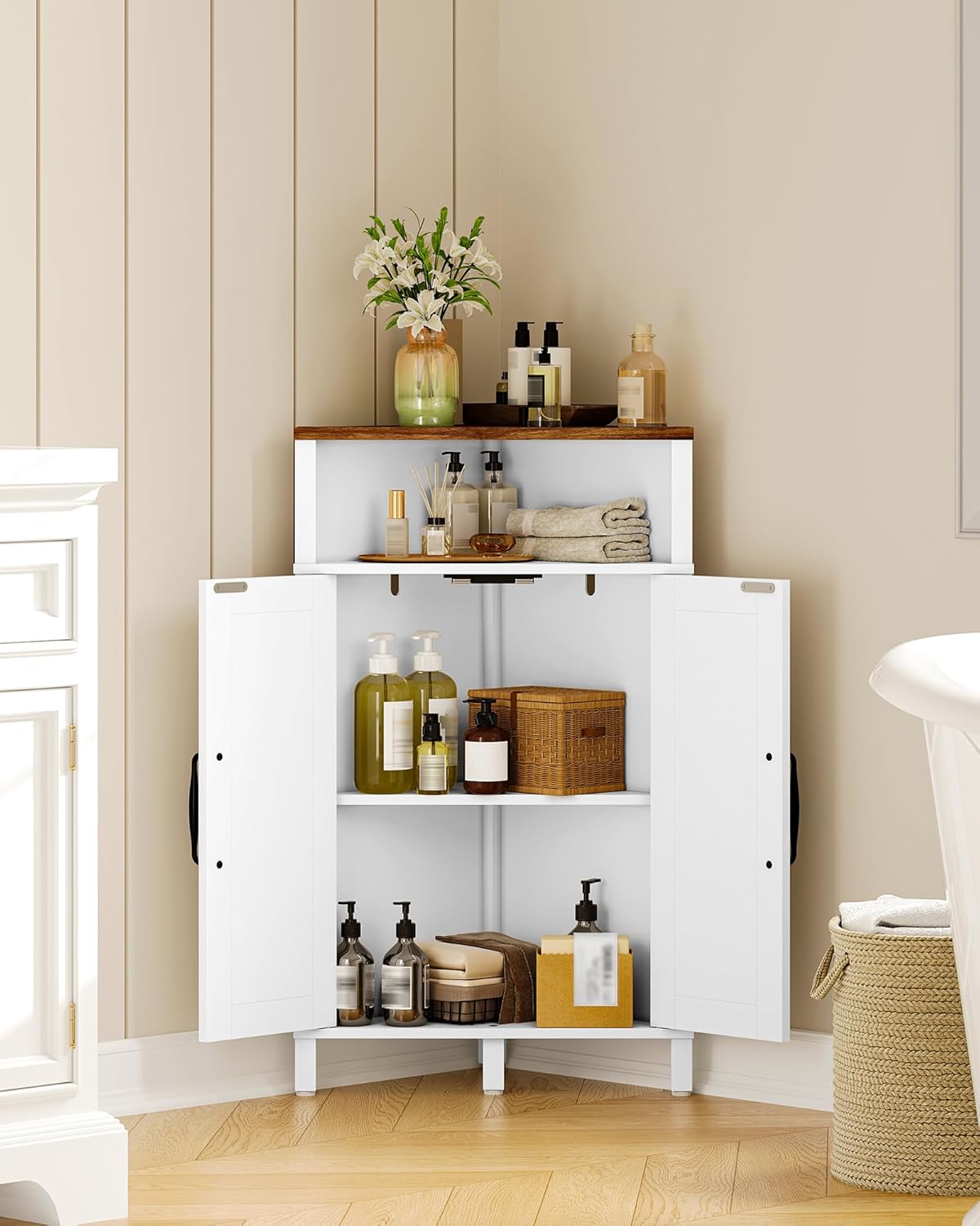 Farmhouse-Style Corner Cabinet, Corner Shelf with Open Storage, Double-Door Storage Cabinet, Twist-to-Lock Design, Space-Saving, for Living Room, Bathroom, Kitchen, White and Walnut MCJ04WL