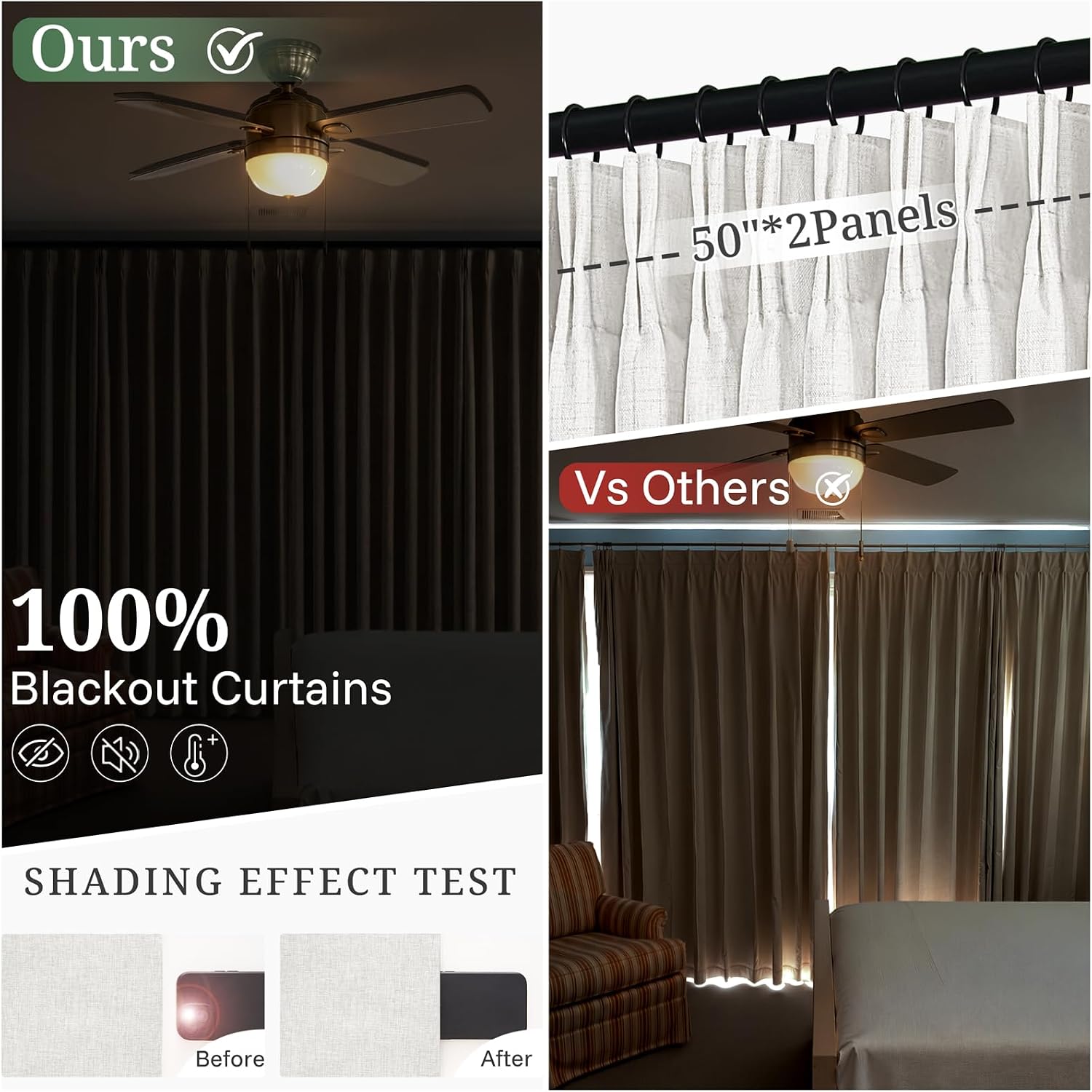 Pinch Pleated Off White Linen Blackout Curtains 96 Inches Long 2 Panels Set for Living/Dining Room,Viral Cooling Wide Memory Trained 8FT Length Heavy Bedroom Curtain&Drapes with Hooks&Rings 50"Wx 96"L image 4
