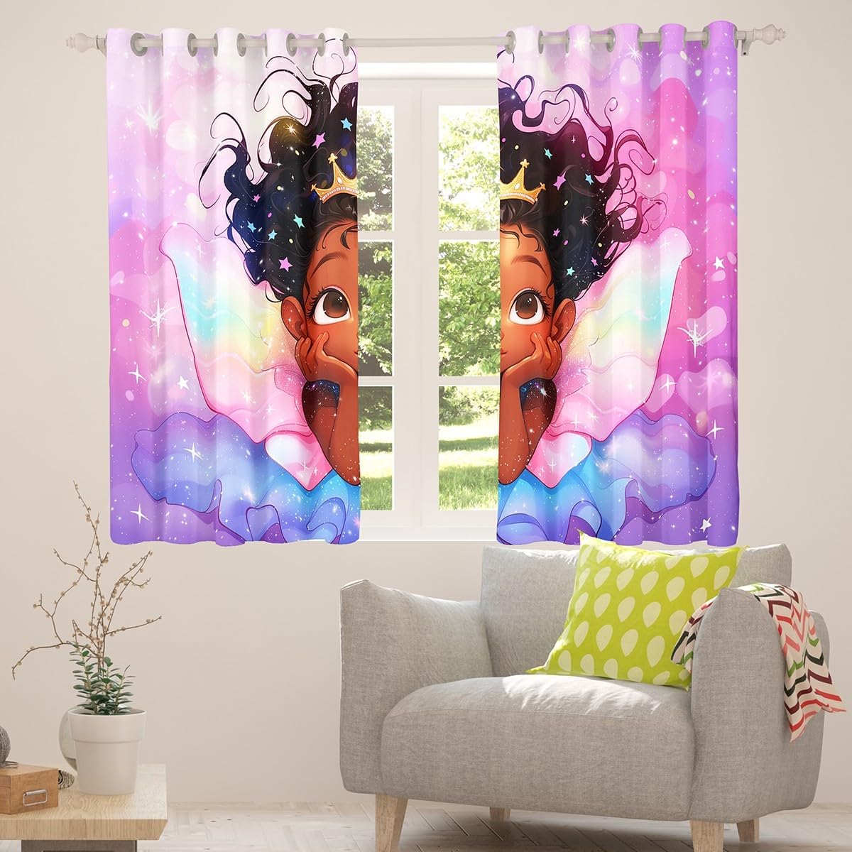 Cute Girl Blackout Curtain Black Princess with Wings Window Treatments, Pink Purple Glitter Galaxy Window Drapes for Kids Women Room Decor, Grommet Top 2 Panel Set Bedroom Curtains, 42Wx90L inch