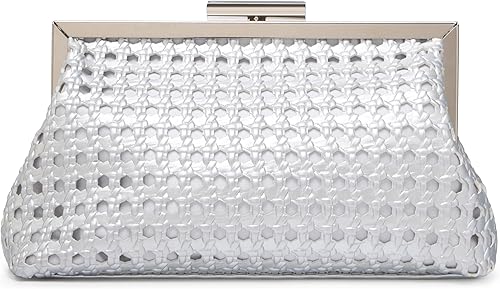 Bolso de mano tejido para mujer con cadena desmontable, elegante bolso de noche para fiestas, bodas y cócteles Plateado