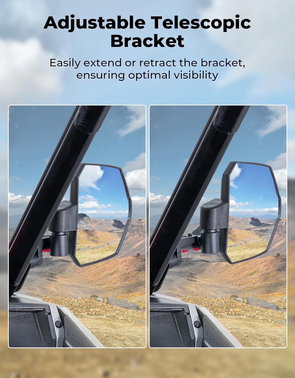 KEMIMOTO Large Side Mirrors A-pillar UTV Mirror Compatible with Polaris General 1000/ XP 1000/4 1000/ XP 4 1000 2016-2026 Adjustable Side Mirrors Mounted on ROPS bar for UTV - Image 2