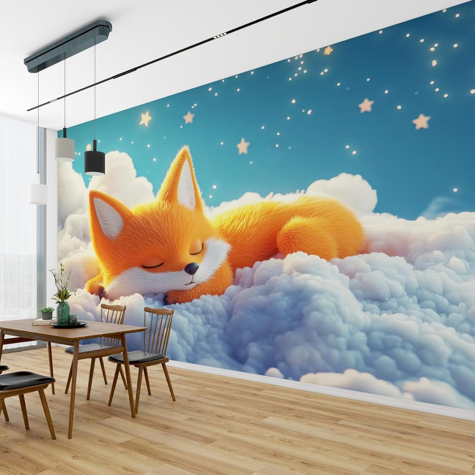 Fototapeta 3D z lisem kawaii, fototapeta do pokoju dziecięcego, 150 cm x 105 cm, urocze zwierzątka, włóknina, pomarańczowo-niebieska, naklejka ścienna