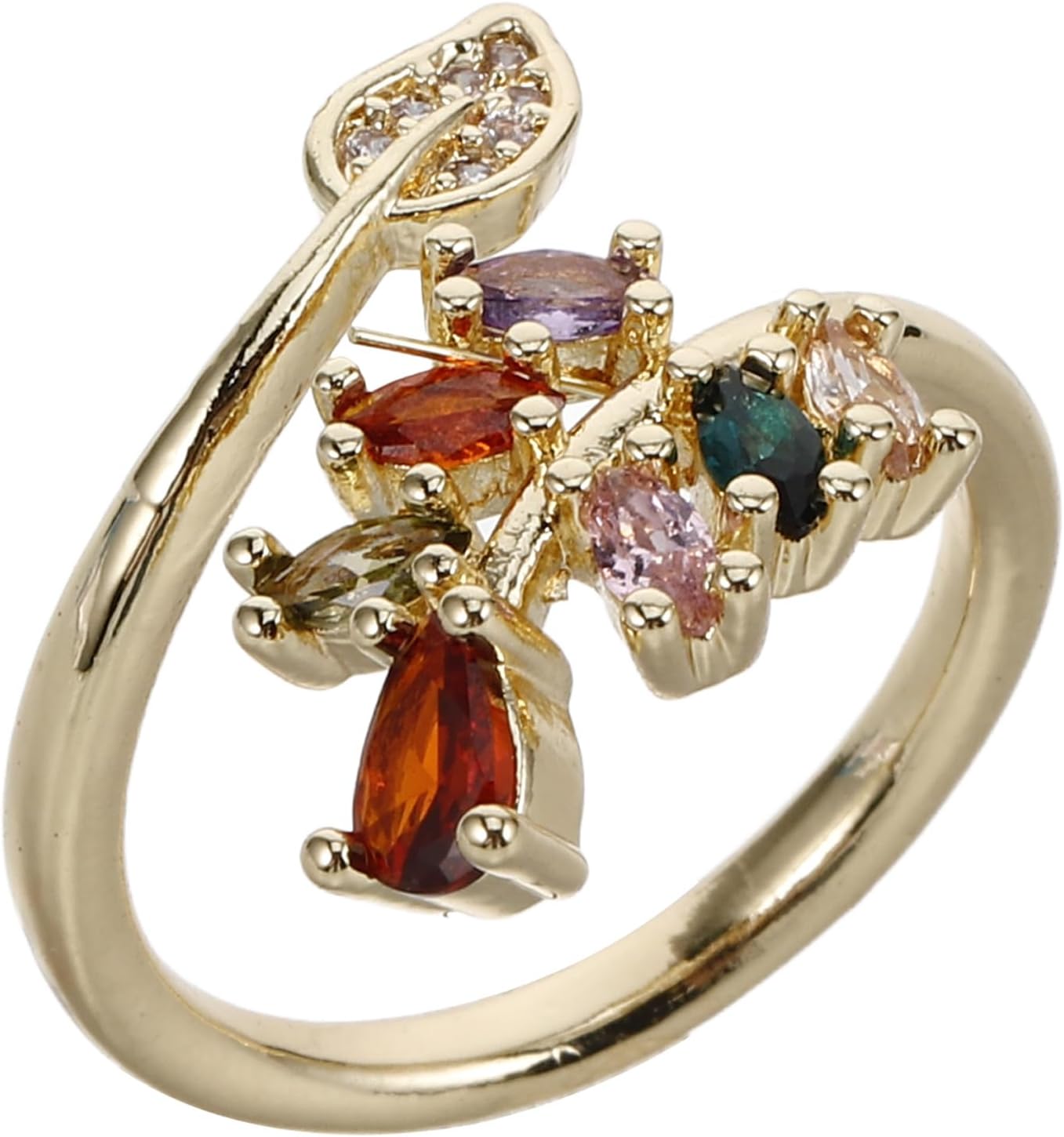 Adjustable Minimalist Leaf Design Ring for Women with Micro-paved Cubic Zirconia Flower Accent, Nature-inspired Statement Wrap Ring for Everyday Wear