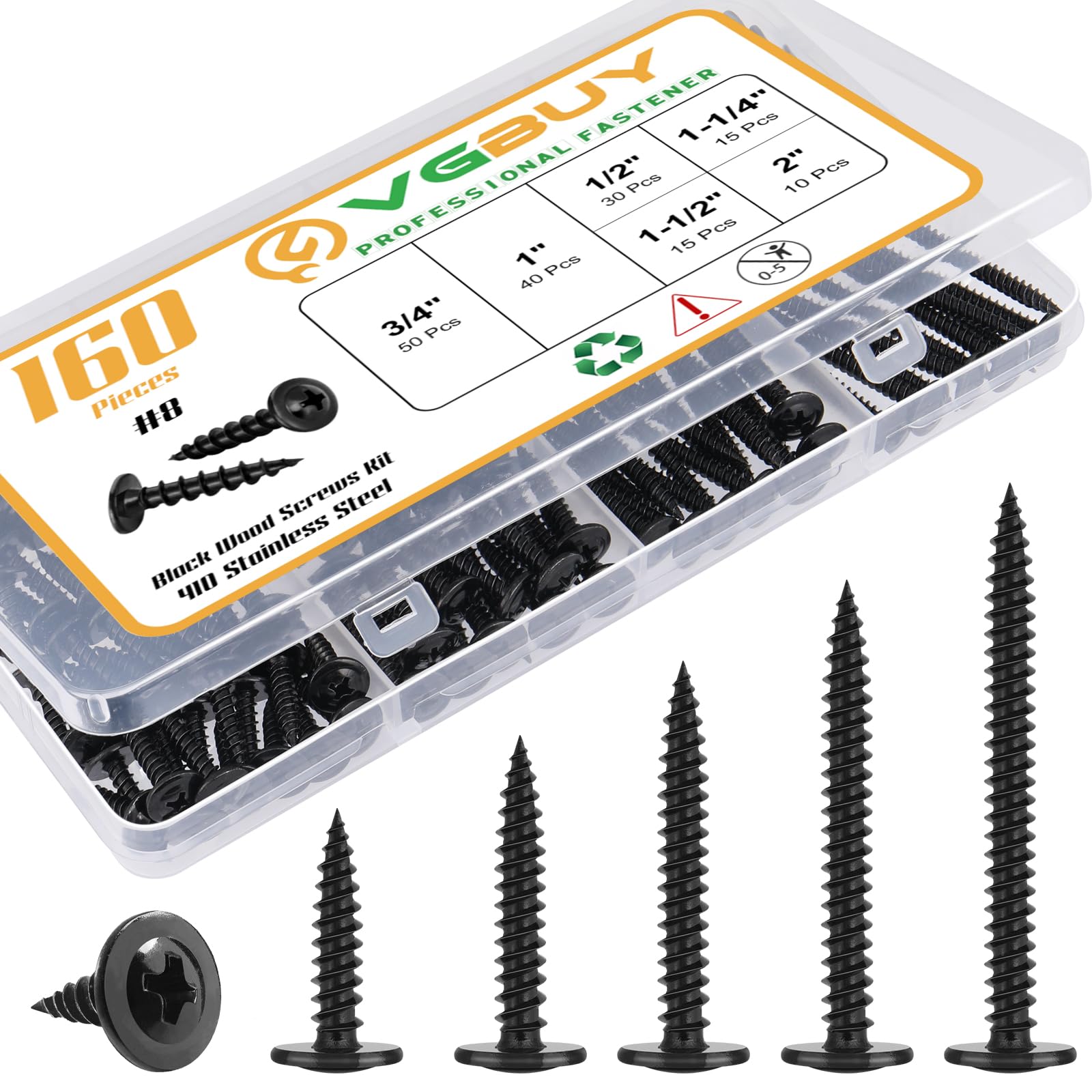 VGBUY 160Pcs #8 Modified Truss Head Wood Screws Assortment Kit, Stainless Steel 410 Quick Metal,Black Zinc Plated,Self Tapping Screws, 6 Sizes (1/2", 3/4", 1", 1-1/4", 1-1/2", 2")
