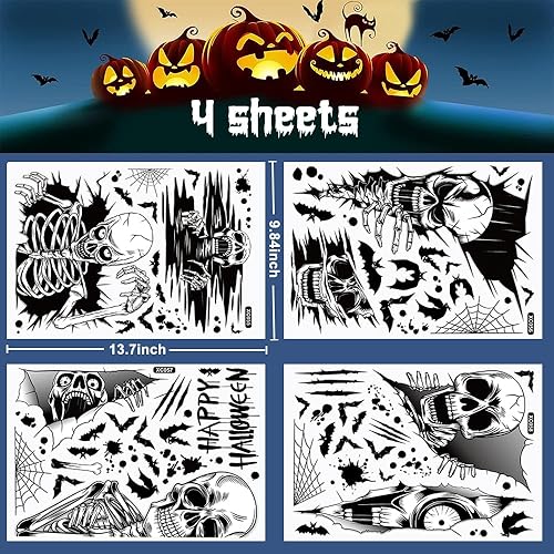 Miniatura 2 de Calcomanías de Halloween para ventanas de vidrio, calcomanías de calavera fantasma, diseño de murciélagos, decoración de ventanas, 4 hojas