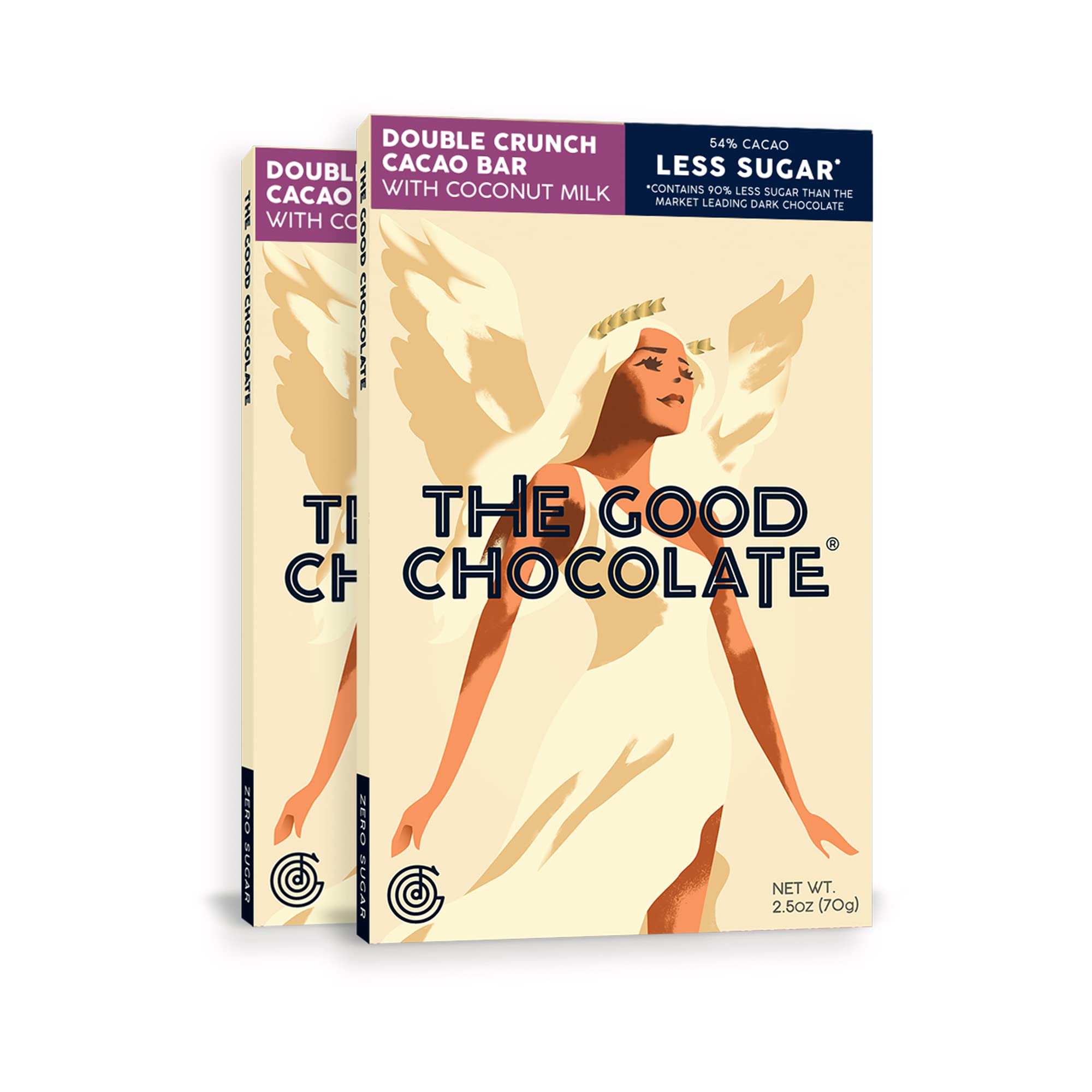 The Good Chocolate - Double Crunch vegan Coconut Milk Cacao Bar, Coconut Milk Vegan Chocolate Bar, 90% Less Sugar, Lower Net Carb Snack, Lower Calorie, Vegan Chocolate Bars, 2 bar Value Starter Pack
