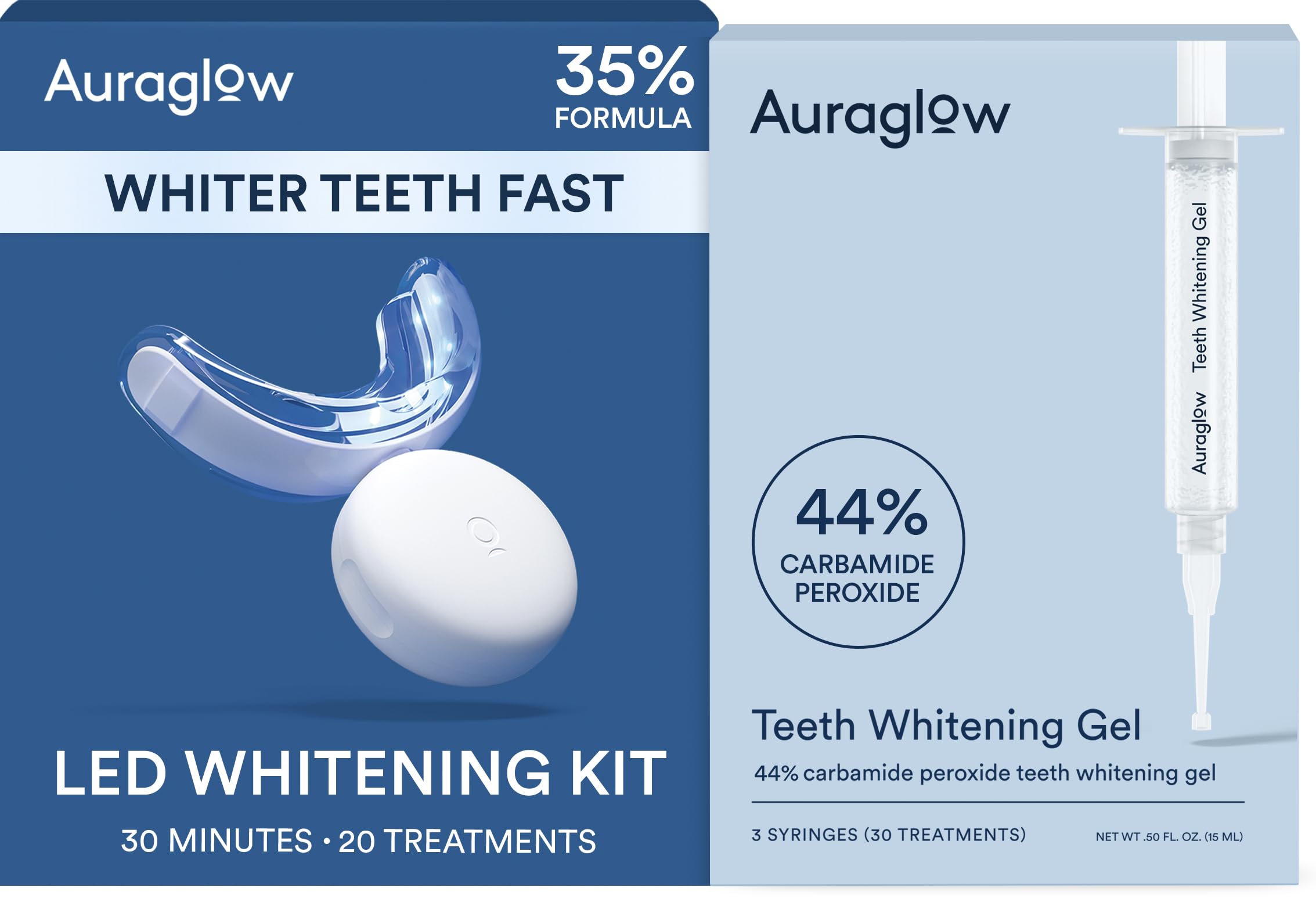 Auraglow Teeth Whitening Kit with LED Light & Extra Strength 44% Carbamide Peroxide Teeth Whitening Gel Refill, 30+ Treatments, Whiten Up to 10 Shades
