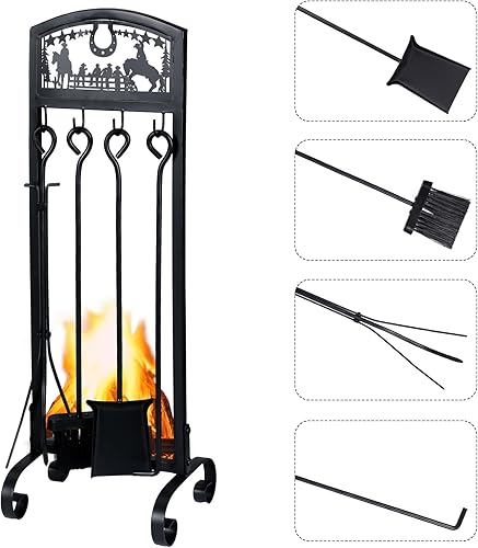 WILLBOND Juego de 5 herramientas para chimenea de vaquero con asa, incluye cepillo de póquer chapado en estante, pinzas de pala para chimenea,
