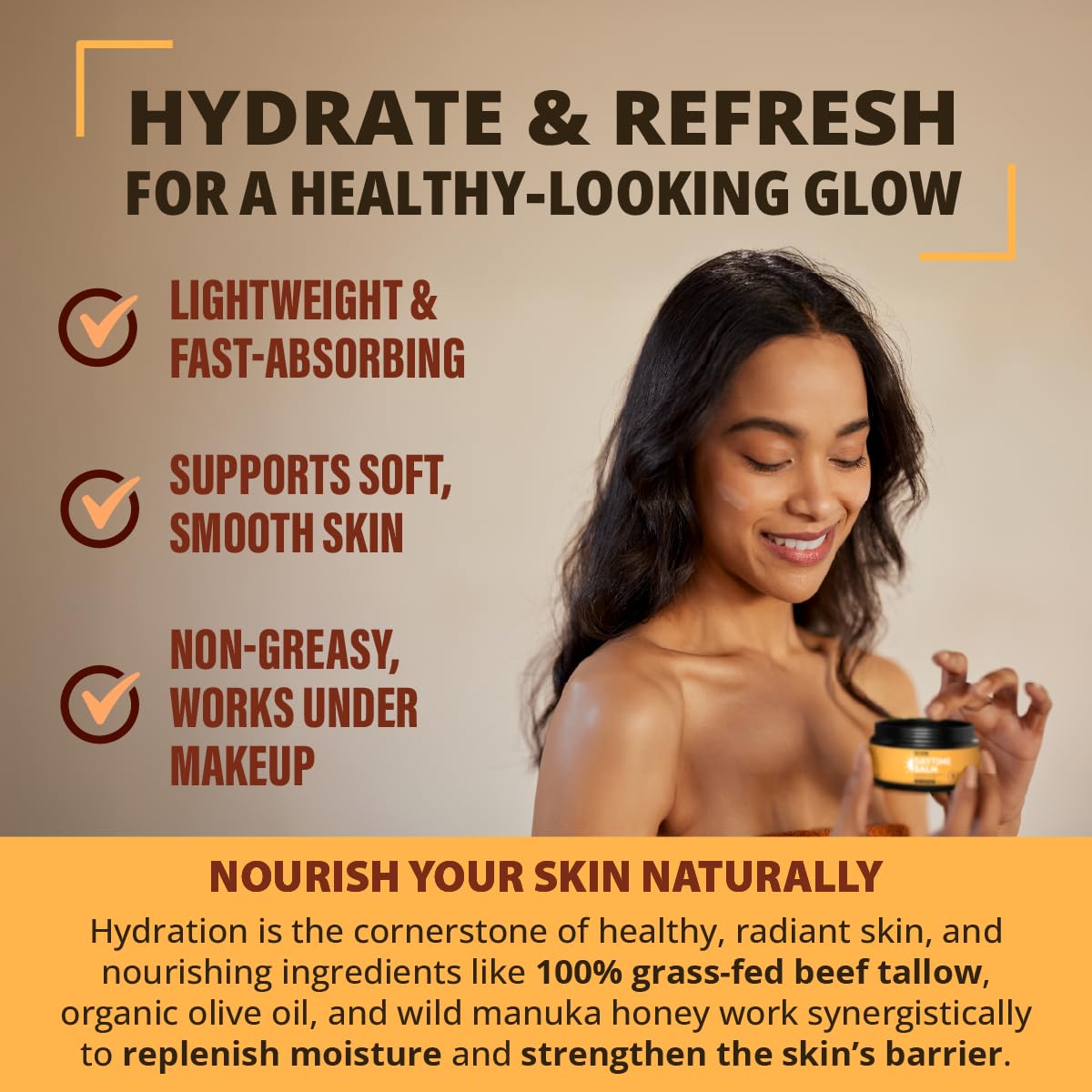 TETON Grass-Fed Beef Tallow Restorative Day Balm with Manuka Honey, Organic Olive Oil, Bergamot & Coffee Oil with Vitamin E All-Natural Face & Body Moisturizer for Daily Use 50ml Glass Jar