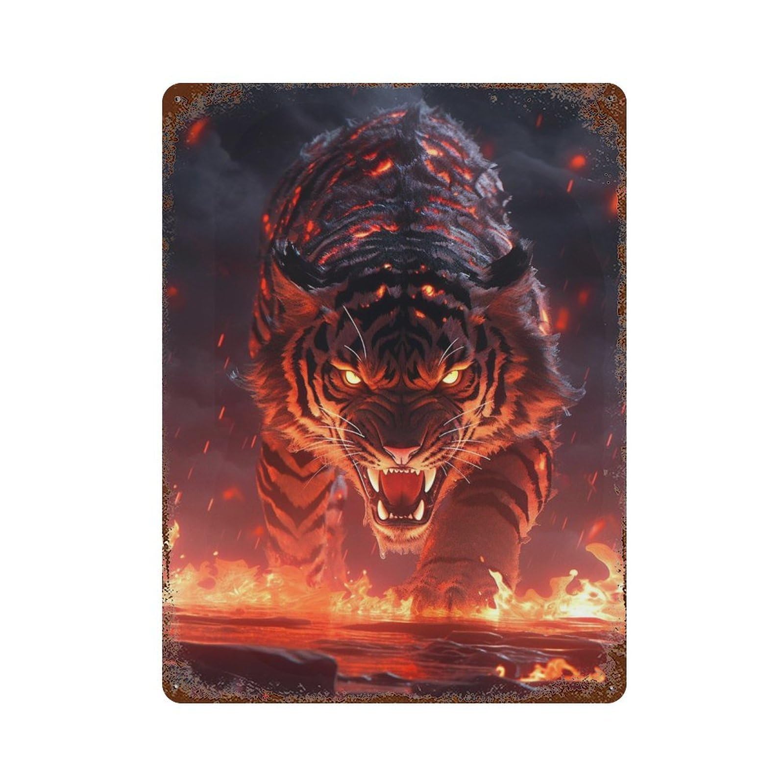Fiery Tiger Roar Rust Effect Tin Sign 15.7"x11.8", Industrial Home Decor for Garage, Pub Or Kitchen