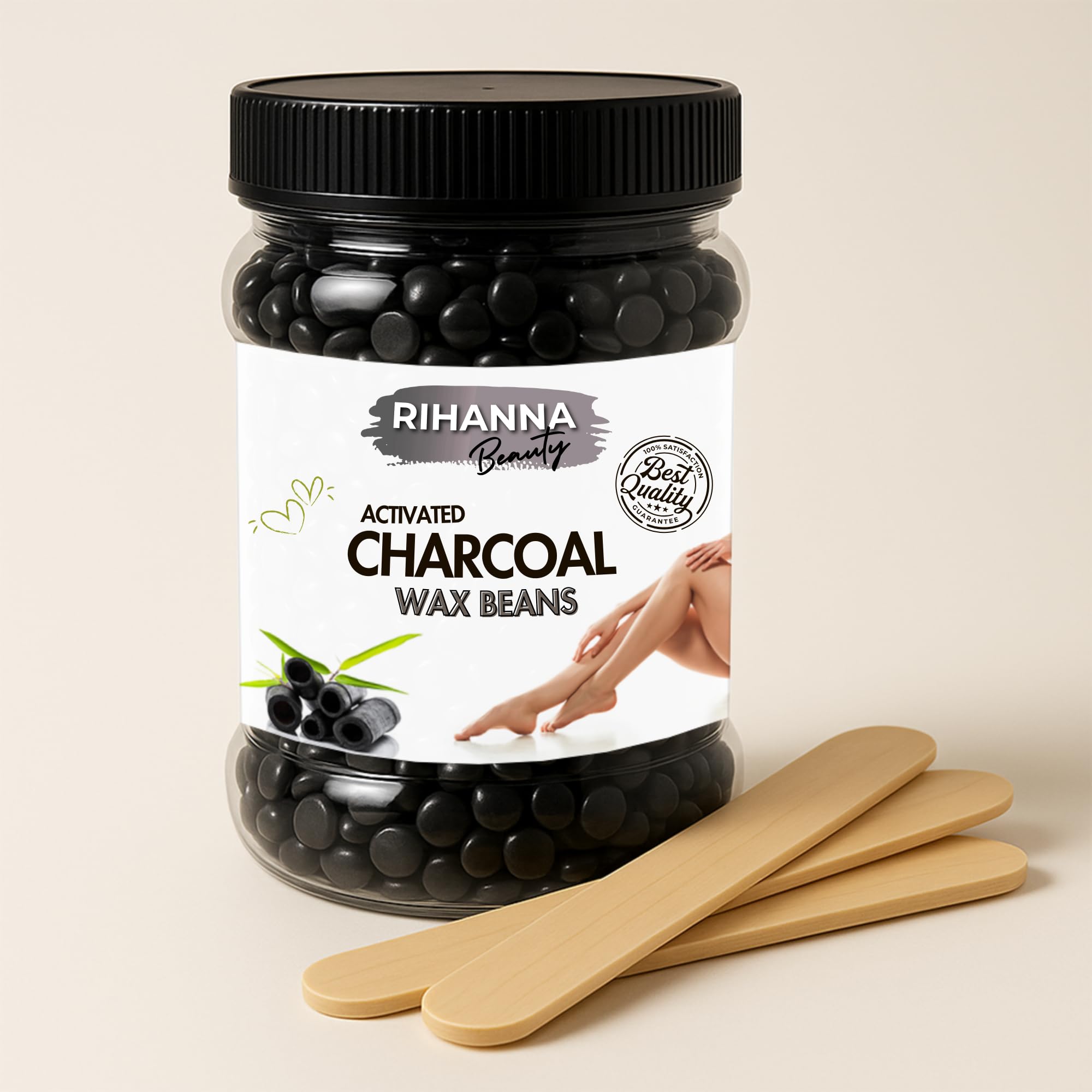 RIHANNA BEAUTY Activated Charcoal Hard Wax Beans 75g | Deep Clean Stripless Wax Beads for Coarse Hair Removal | Brazilian Wax at Home for Face, Bikini, Underarms & Legs