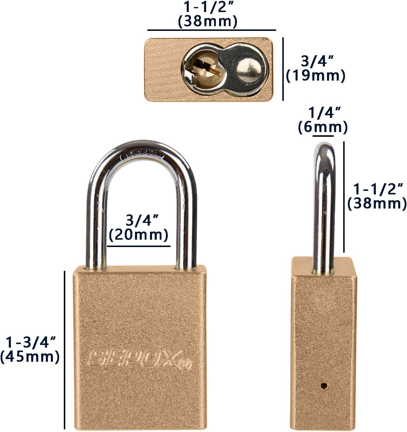 SEPOX® Candado de aluminio dorado para exteriores, resistente, resistente a la intemperie, con llave, juego de 4 cerraduras con 8 mismas llaves, resistente al óxido y cuerpo antioxidante, 38 mm para