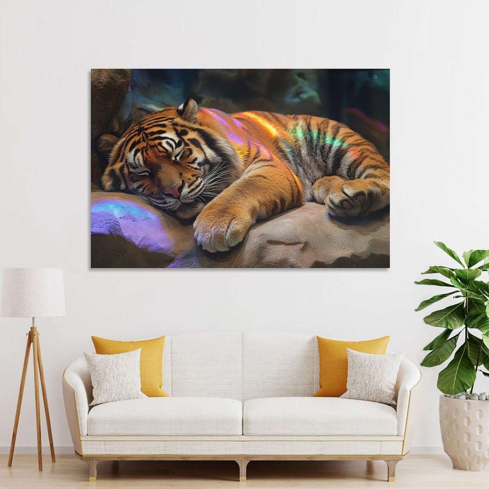 Junmoney Sleeping Tiger with Rainbow Light Home Decor Wall Art, 16x24inch(40x60cm), for Lounge, Bedroom Or Personal Spaces, Thoughtful Wall Decor for Art Lovers