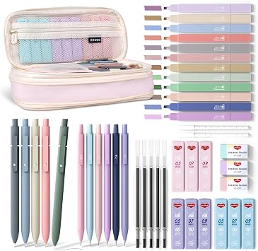 Smallbudi 43PCS Aesthetic School Supplies with Pen Case, 5 Black Ink Gel Pens, 12 Pastel Highlighters, 6 Mechanical Pencil Set 0.5 & 0.7 & 0.9 mm, Back To School Supplies for Students Stationary