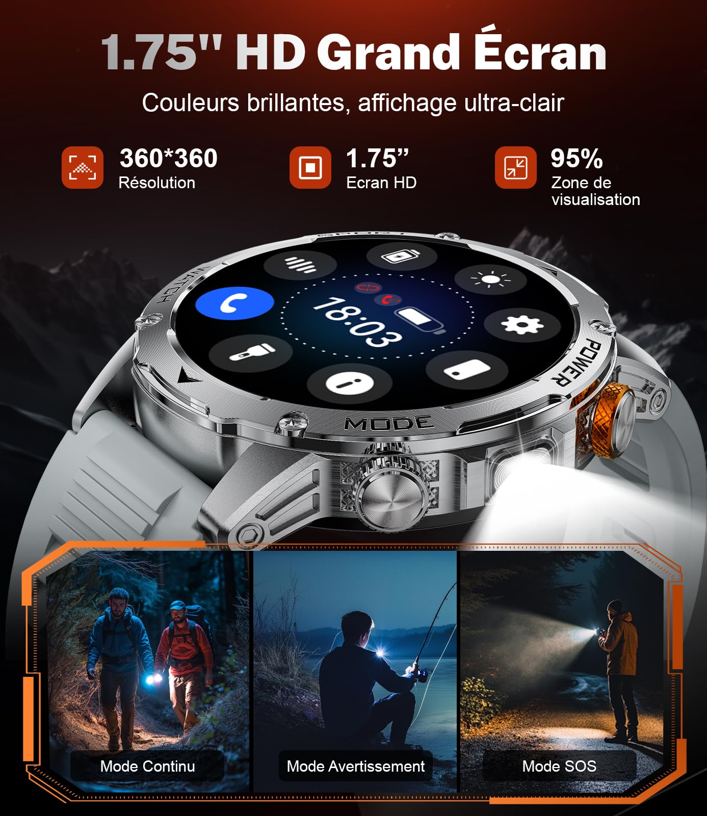 Montre Connectée Homme Appel Bluetooth/Batterie 1000 mAh/1.75'' Grand Écran,130+ Modes Sportifs,IP68 Étanche Smartwatch avec Moniteur de Fréquence Cardiaque/Sommeil, pour Android iOS,3 Bracelets