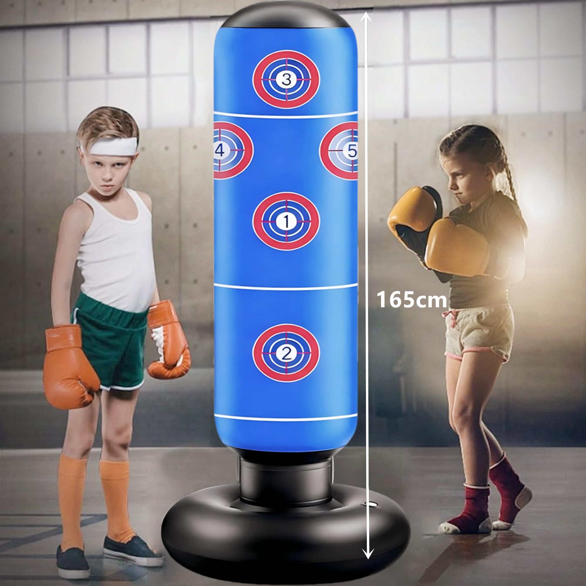 Sac de Boxe Enfant 165cm Gonflable Sac de Frappe avec Gants de Boxe pour Pratiquer Le MMA Karaté Taekwondo et Soulager L'énergie Refoulée Version 2025