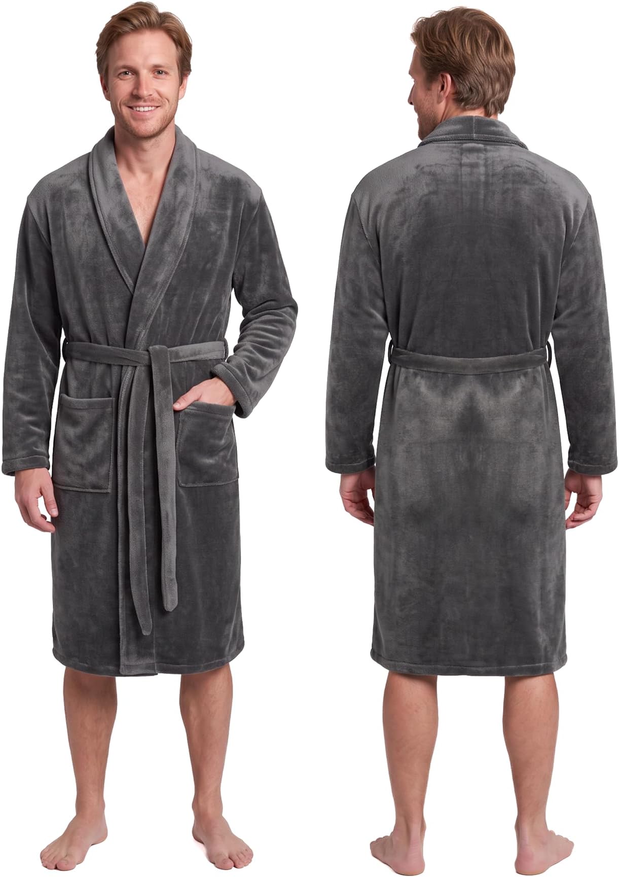 Mens Soft Warm Flannel Fleece Bathrobe Dressing Gown Shawl Collar