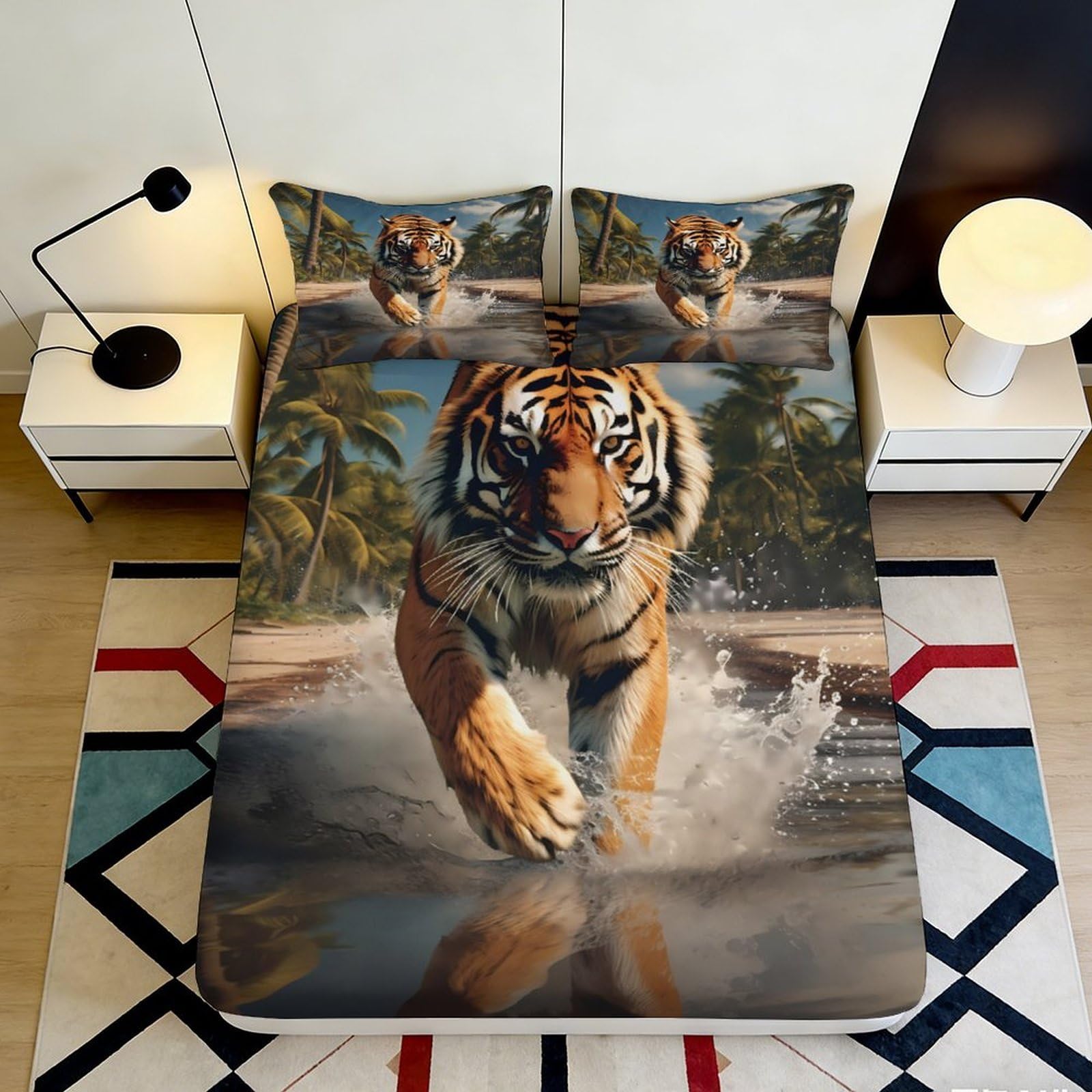 3D Printed Wild Tiger Fitted Sheet Microfiber Soft Breathable Jungle Bed Cover for Bedroom Dorm Mattress Protection Decor 90x200x25cm