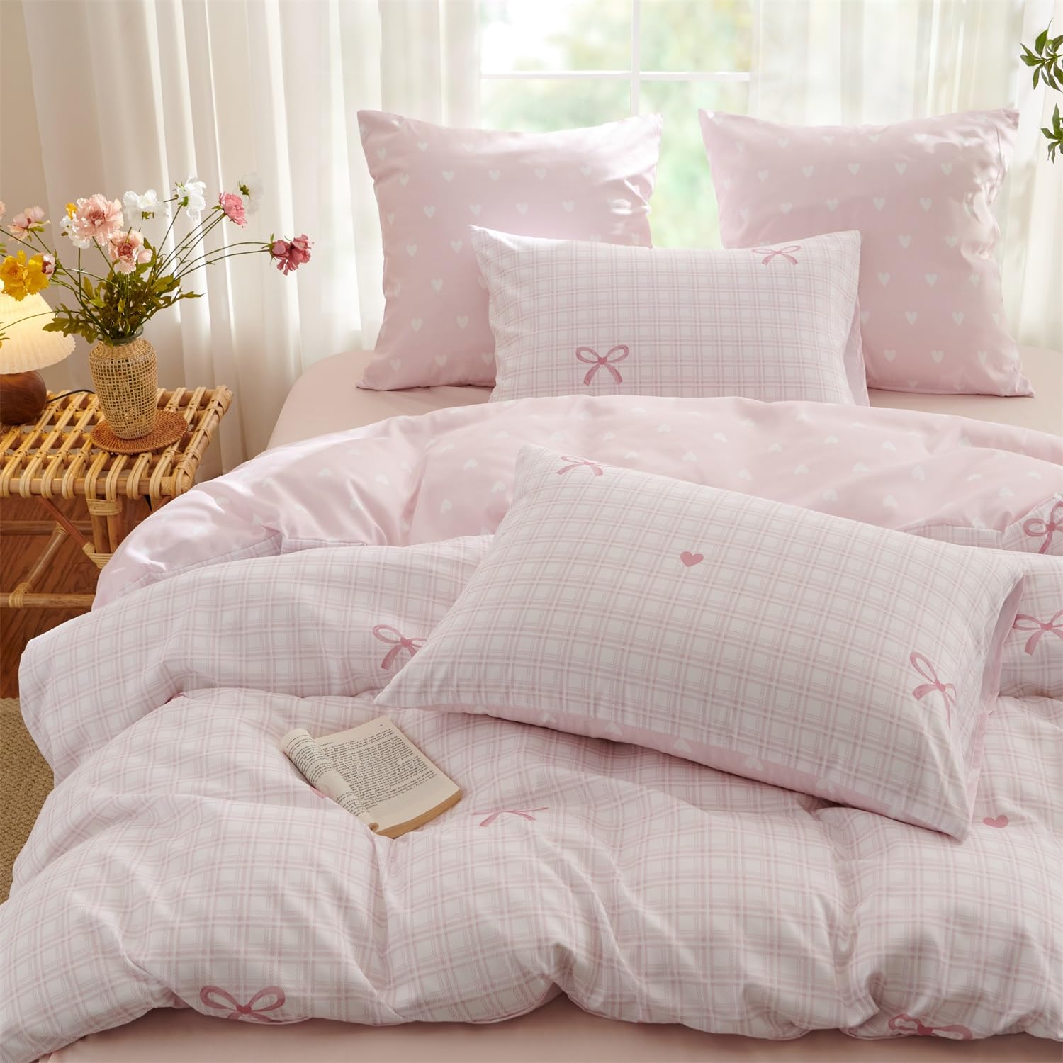 Freyamy Pink Double Duvet Cover Set 3pcs Romantic Bow Bedding Sets Stripe — image 1